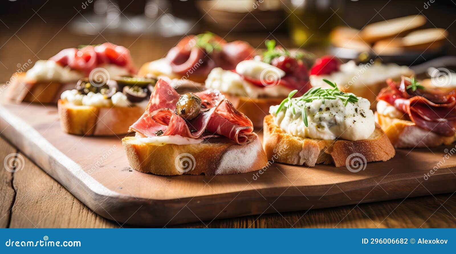 Bruschetta with Prosciutto, Mozzarella and Olives Generative AI Stock