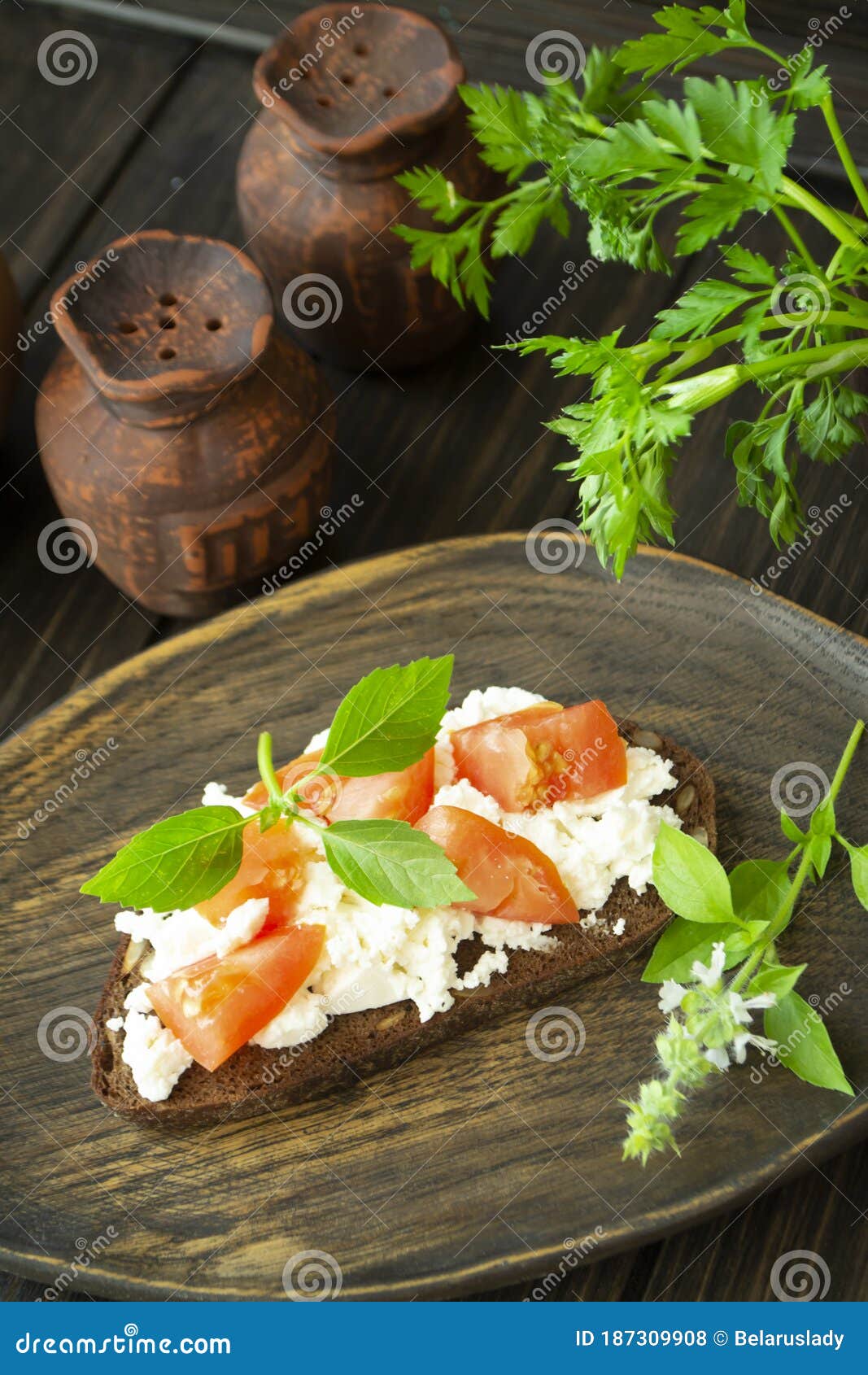Bruschetta with Ricotta Cheese, Fresh Basil and Tomato Stock Photo