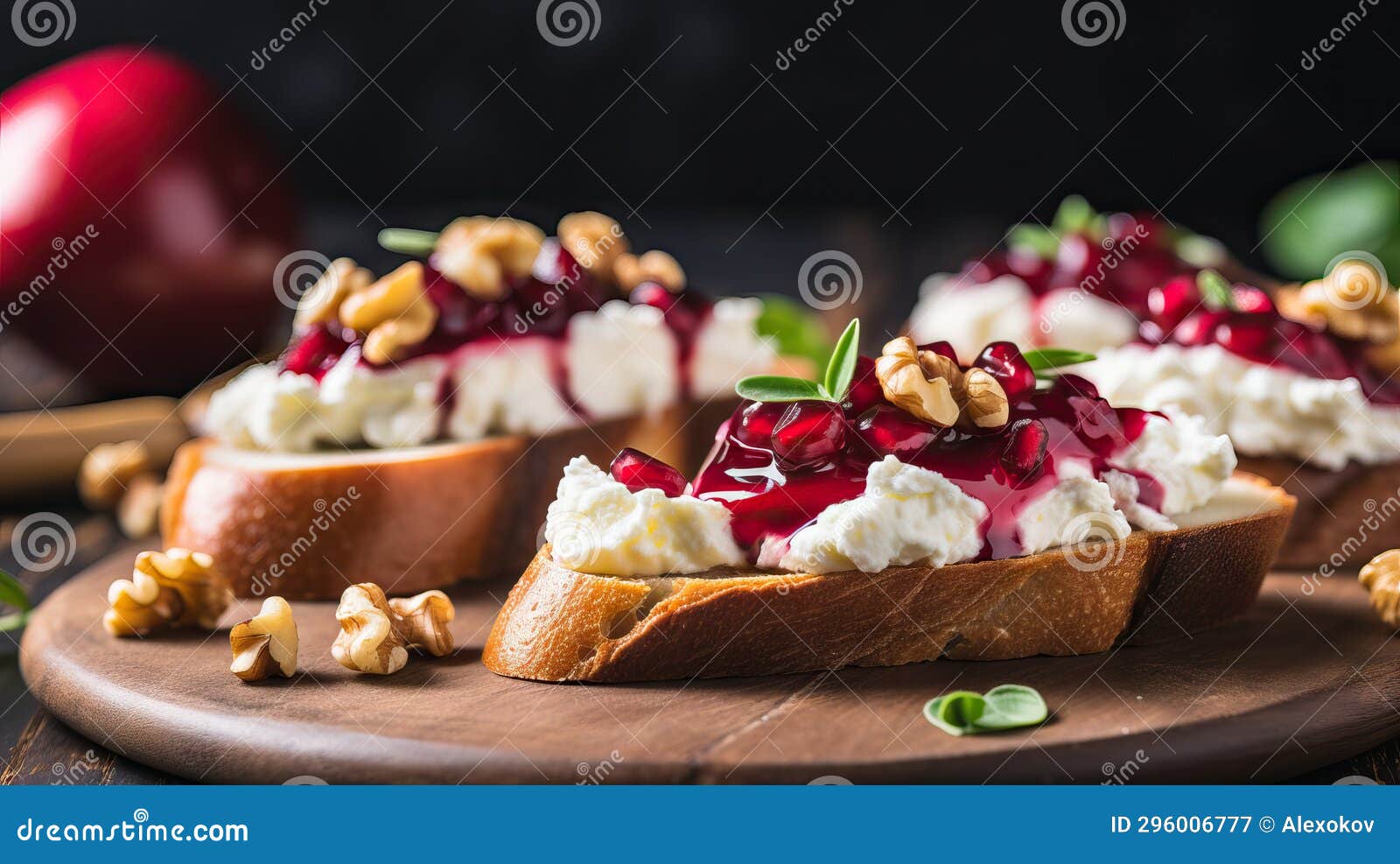 Bruschetta with Ricotta Cheese, Pomegranate and Walnuts Generative AI