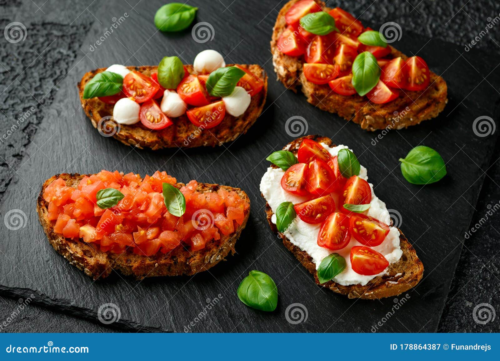 Bruschetta with Ricotta, Mozzarella Cheese, Basil, Cherry and Sliced