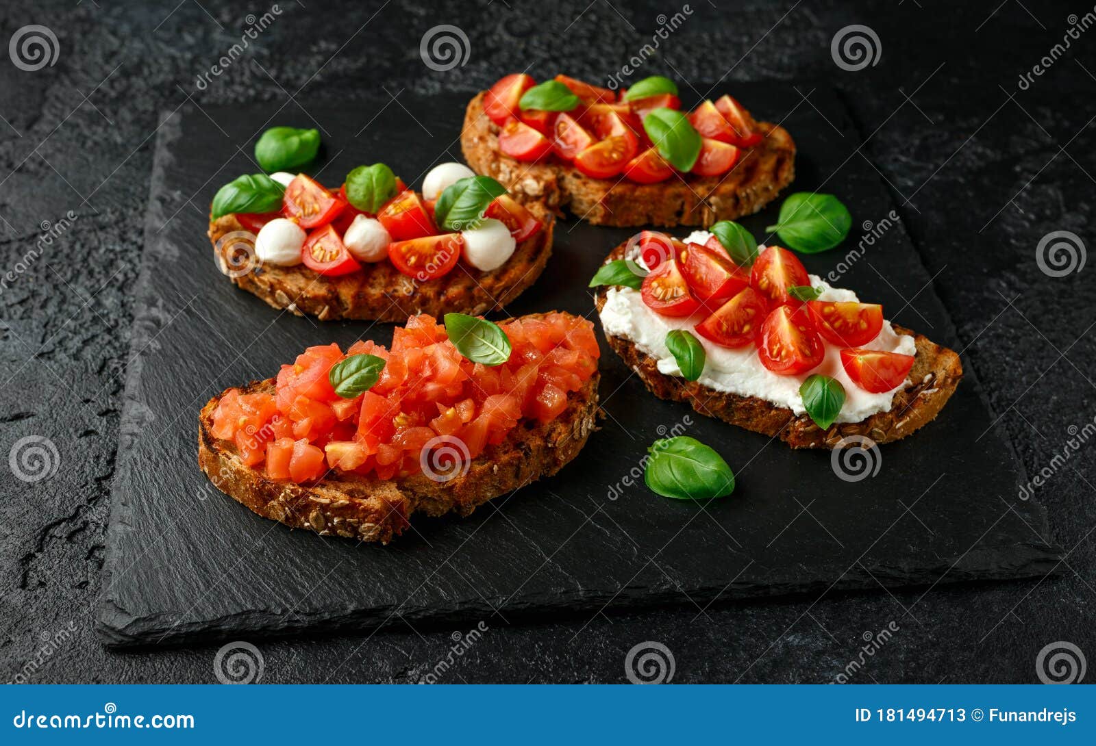 Bruschetta with Ricotta, Mozzarella Cheese, Basil, Cherry and Sliced