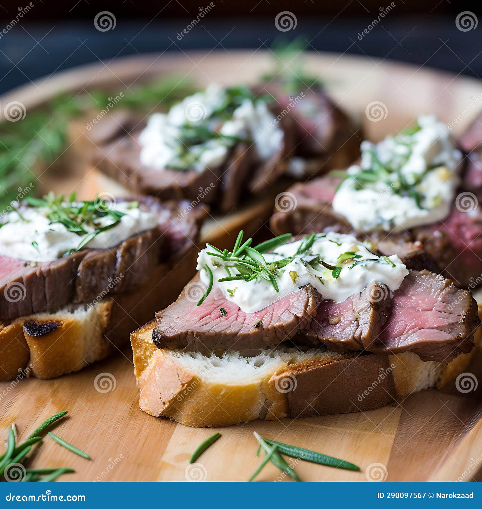 Bruschetta with Roast Beef, Soft Cheese and Herbs. AI Generative Stock