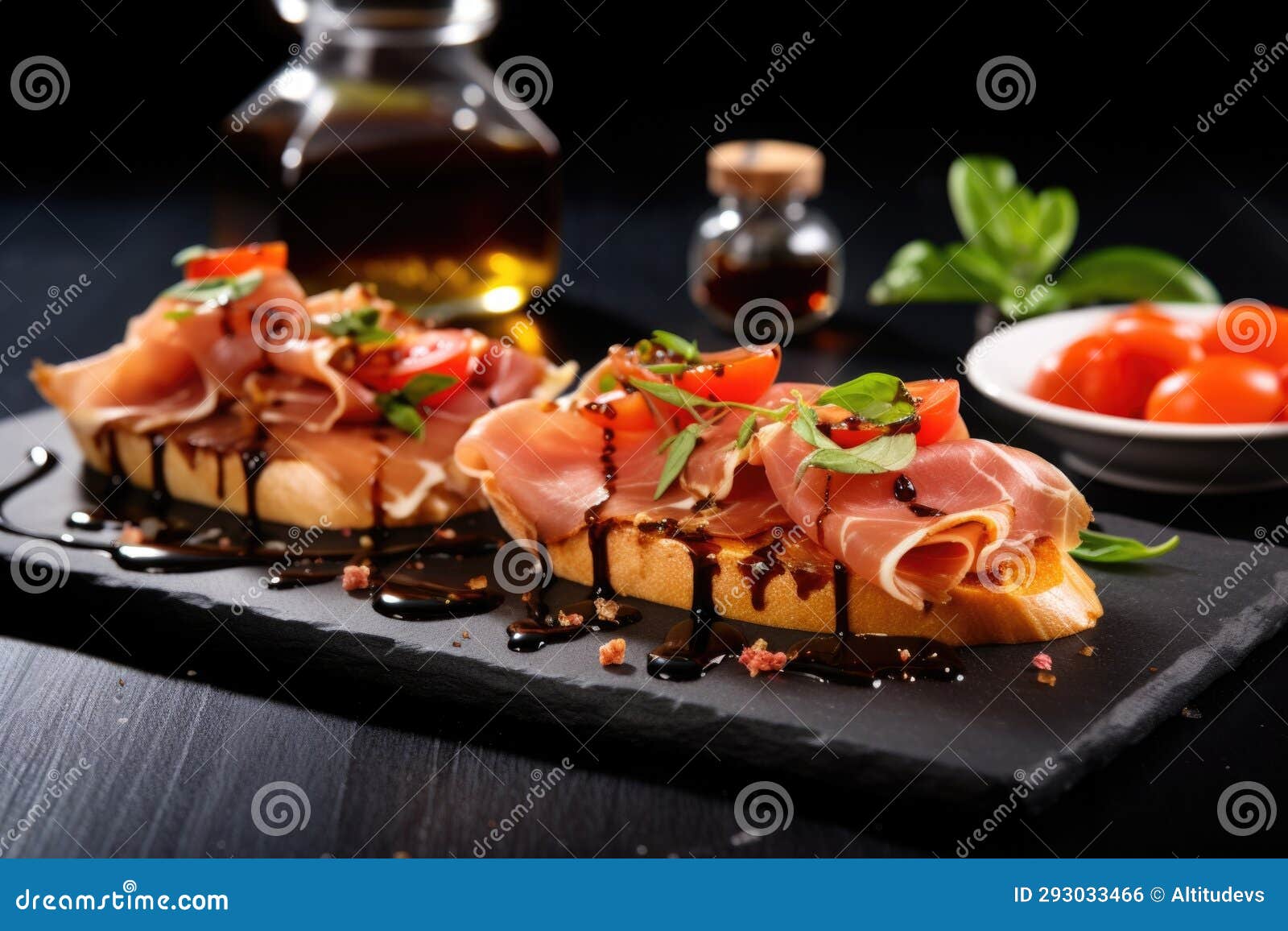Bruschetta with Serrano Ham and Drizzle of Balsamic Vinegar Stock Photo