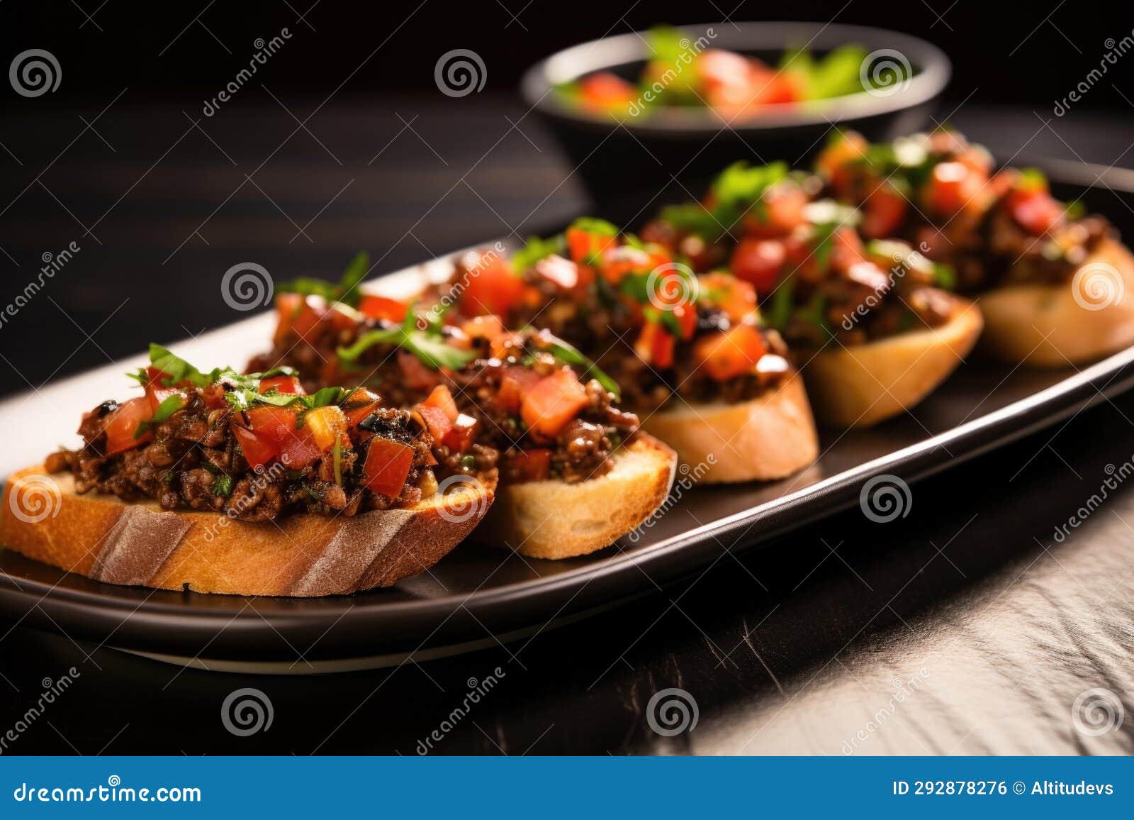 Bruschetta with Tapenade Served on a Ceramic Slate Plate Stock Photo