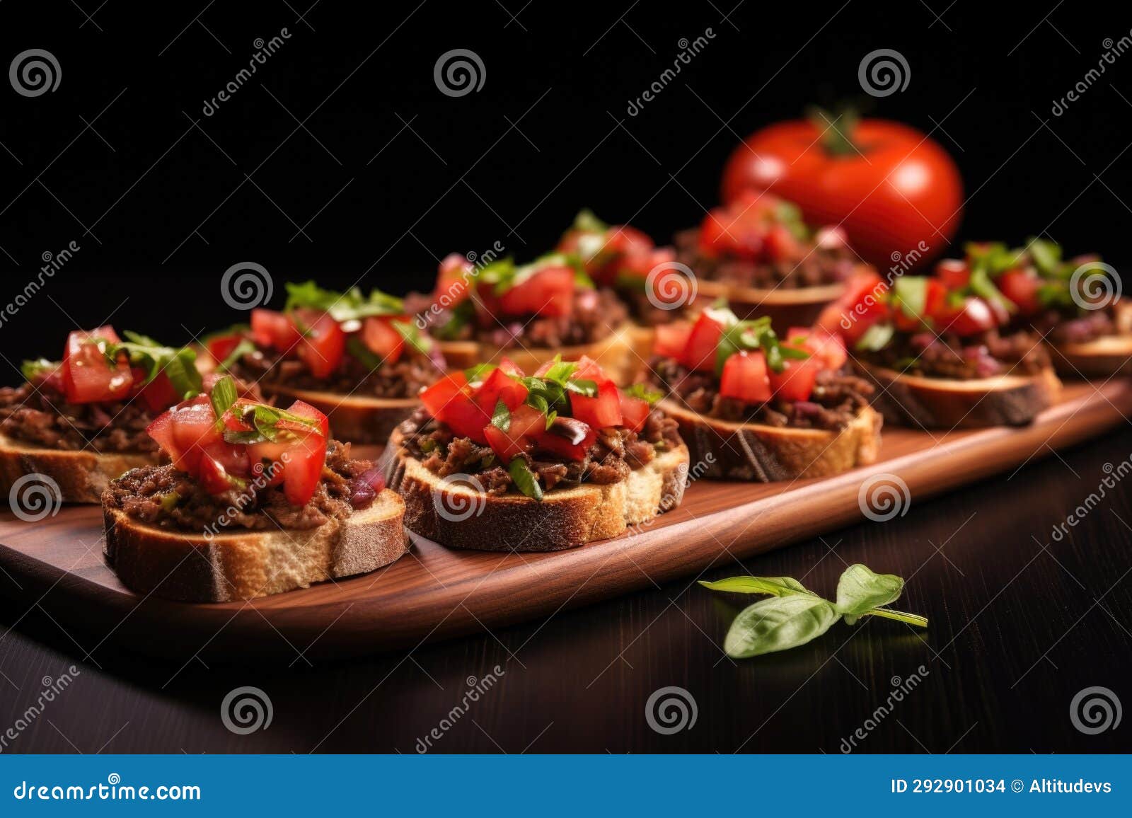 Bruschetta with Tapenade Served on a Ceramic Slate Plate Stock Photo