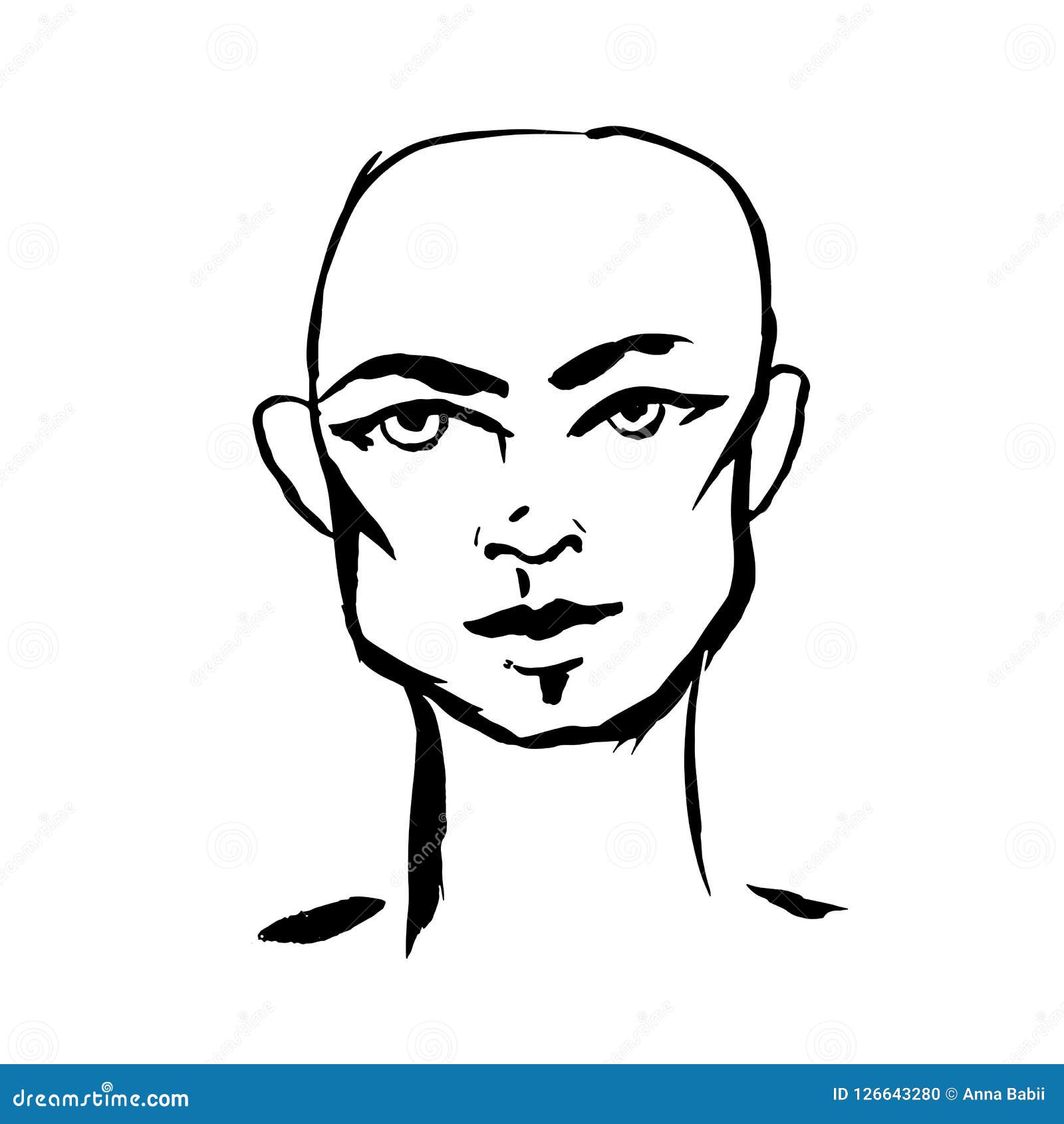Brush Grunge Style Simple Portrait of Baldheaded Man. Ink Handmade