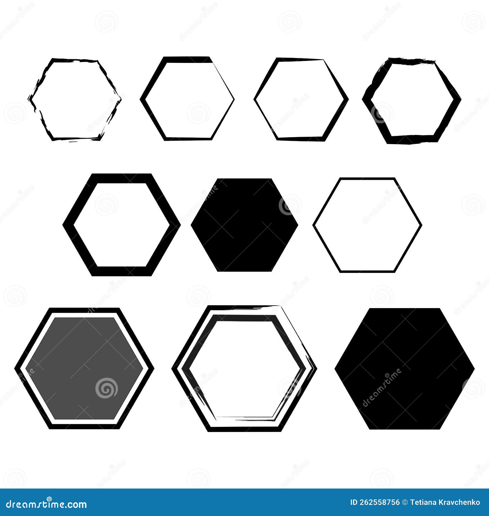 Brush Hexagons on White Background. Design Element. Hexagon Frame Set