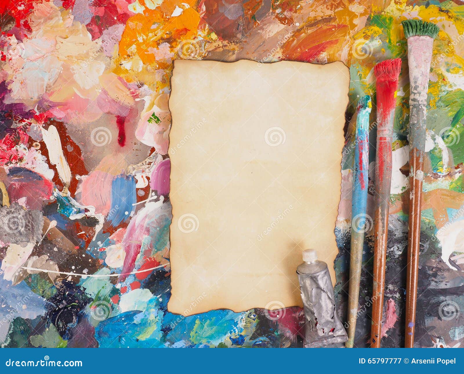 Brush and Paper on Oilpaint Palette for Background Stock Image Image of creativity, design