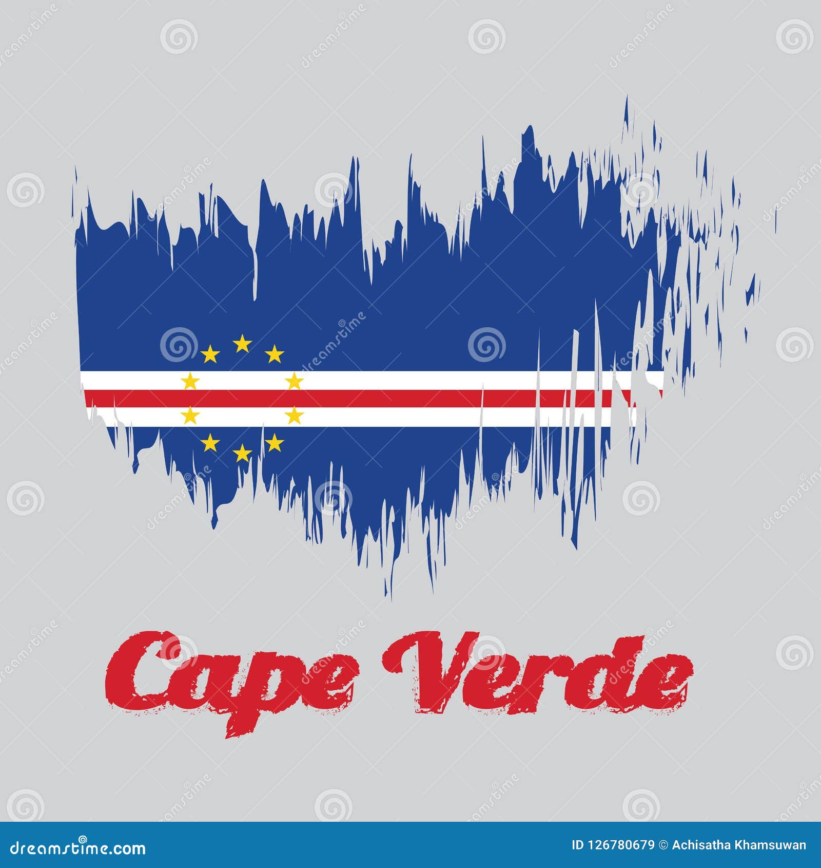 brush style color flag of cape verde, blue white and red color with the circle of ten star. with text cape verde.