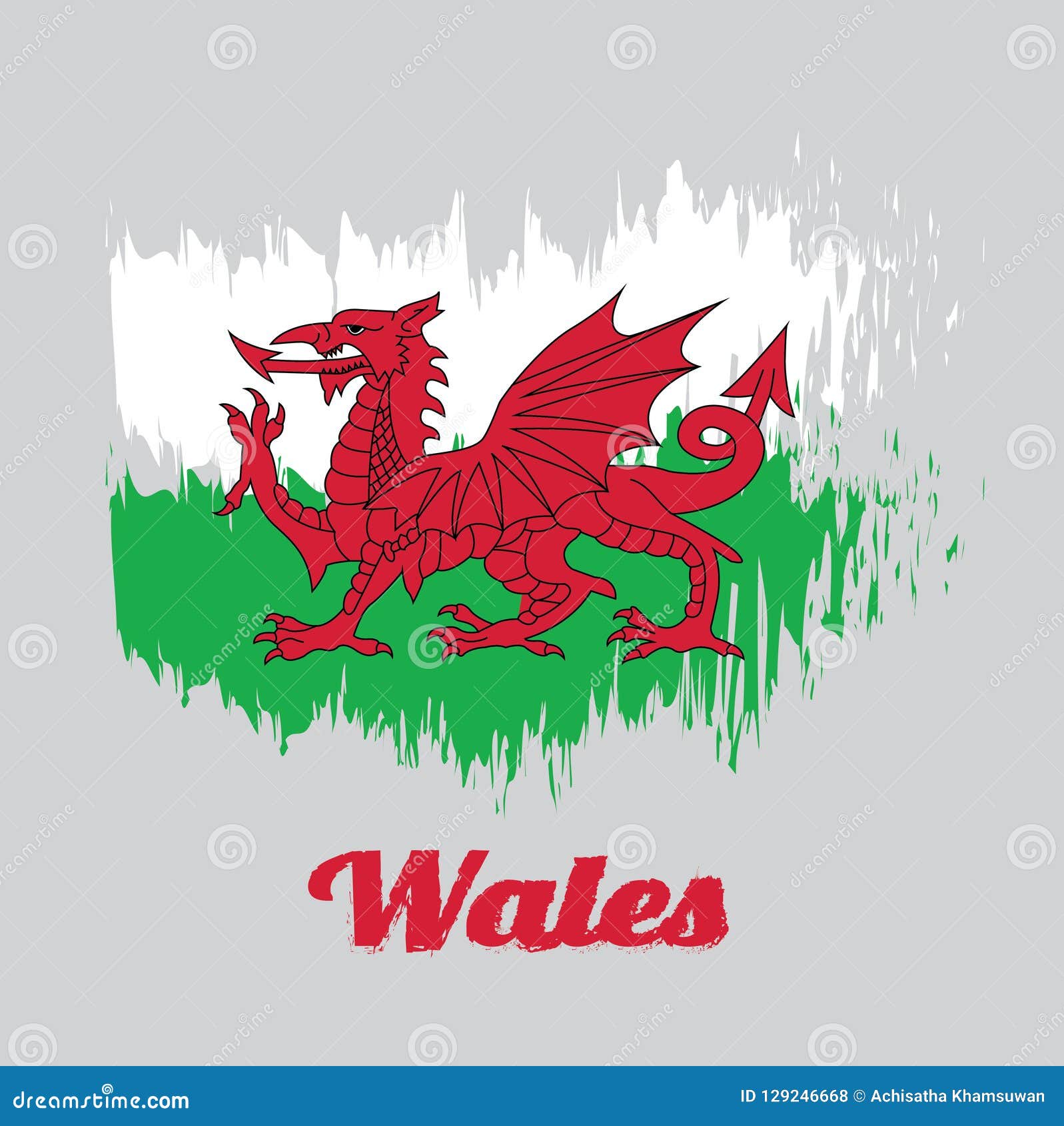 Brush Style Color of Wales, of a Red Dragon Passant on a Green and White Field. Stock Vector - Illustration of country: 129246668