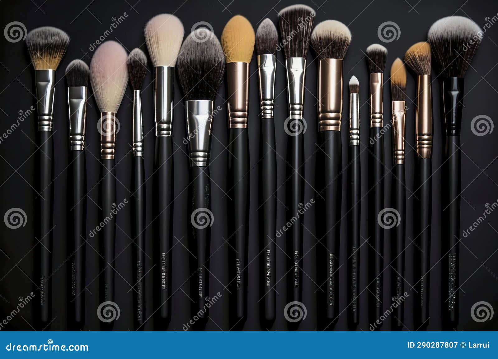 Brushed Elegance: Assorted Makeup Brushes Set Against a Sleek Black 