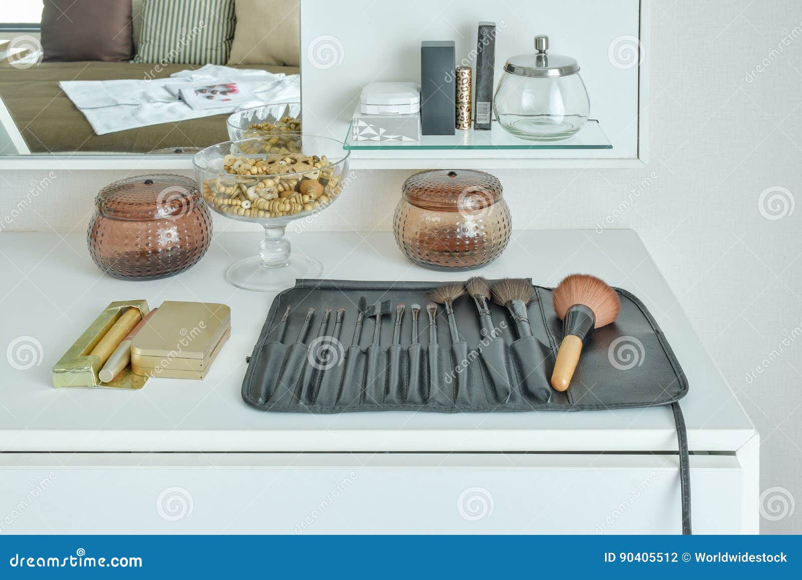 Brushs Setting on White Top Dressing Table Stock Photo Image of