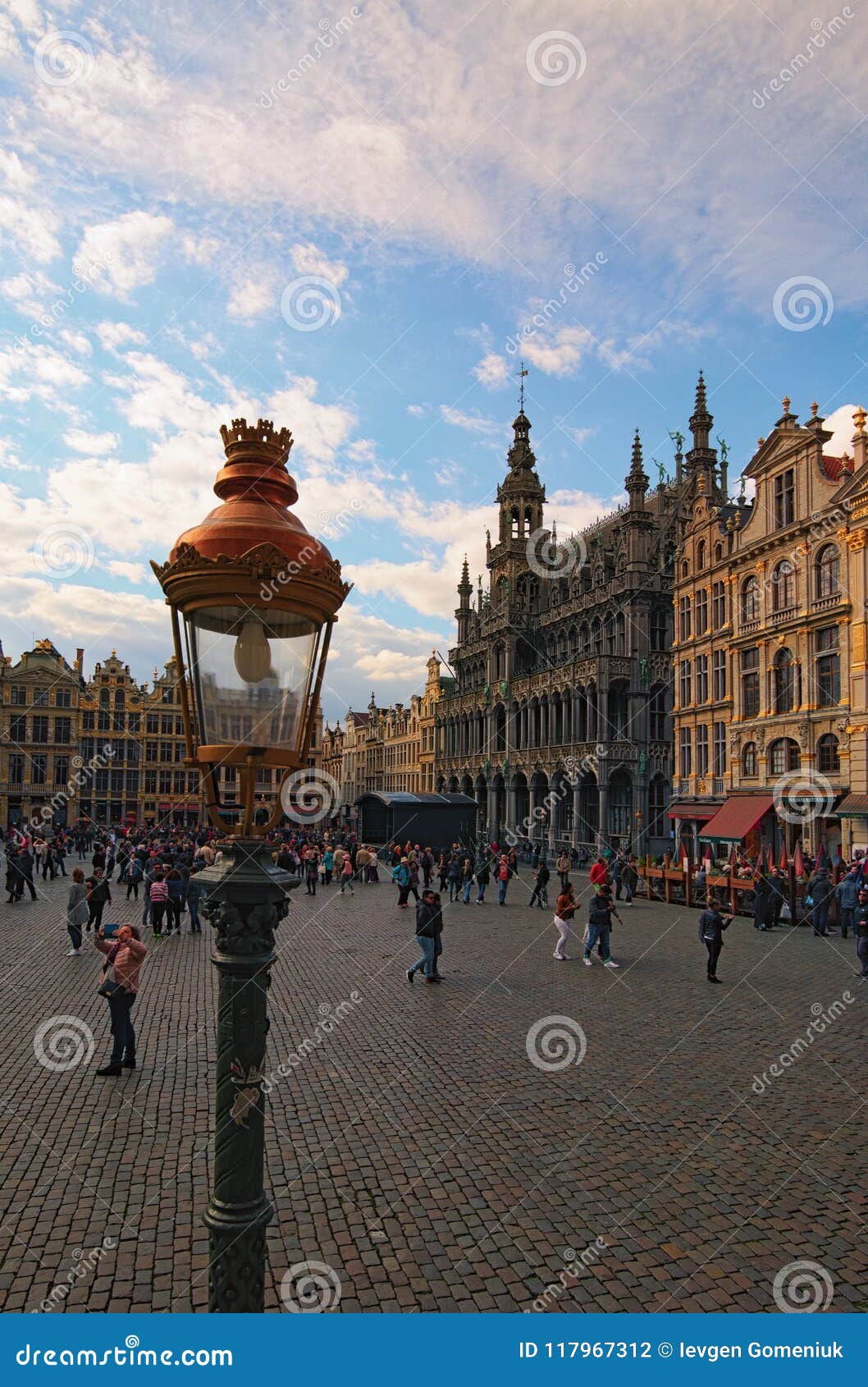 Brussels, Belgium- 01 MAY, 2018: The Grand Square Grand Place, Grote Markt is the central square of Brussels. Museum of the City of Brussels and colorful vintage buildings at the background