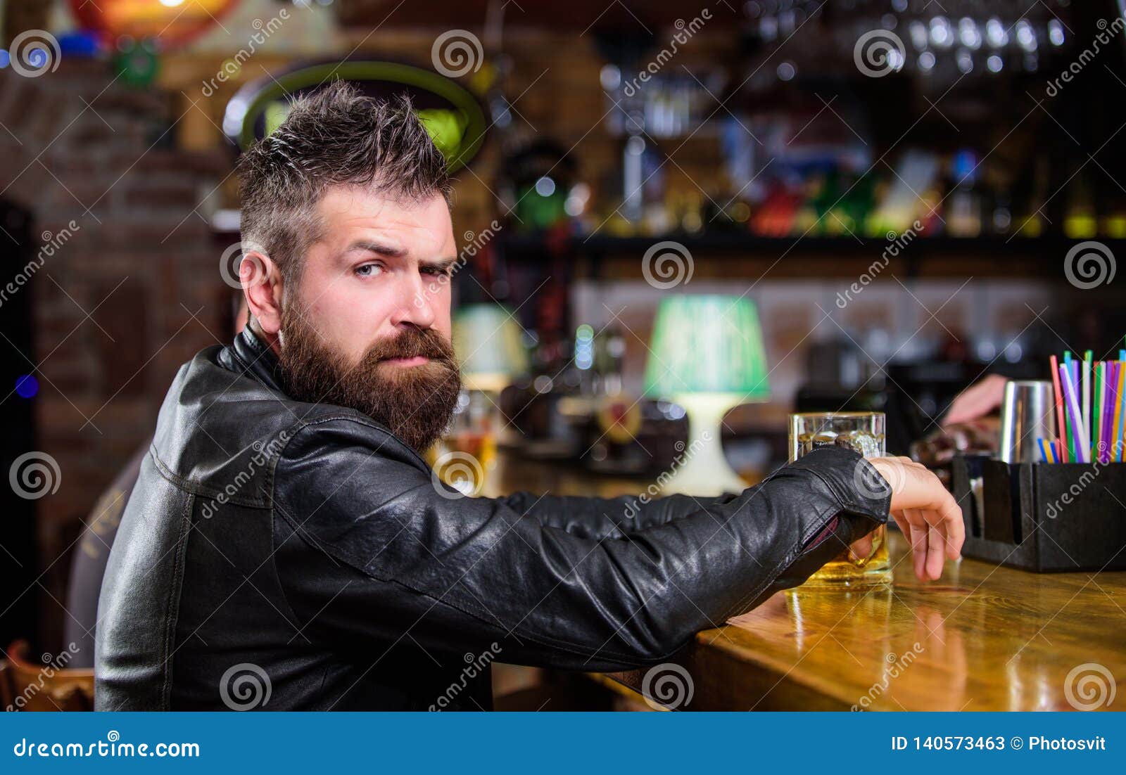 Brutal Hipster Bearded Man Sit at Bar Counter Drink Beer. Order Alcohol ...