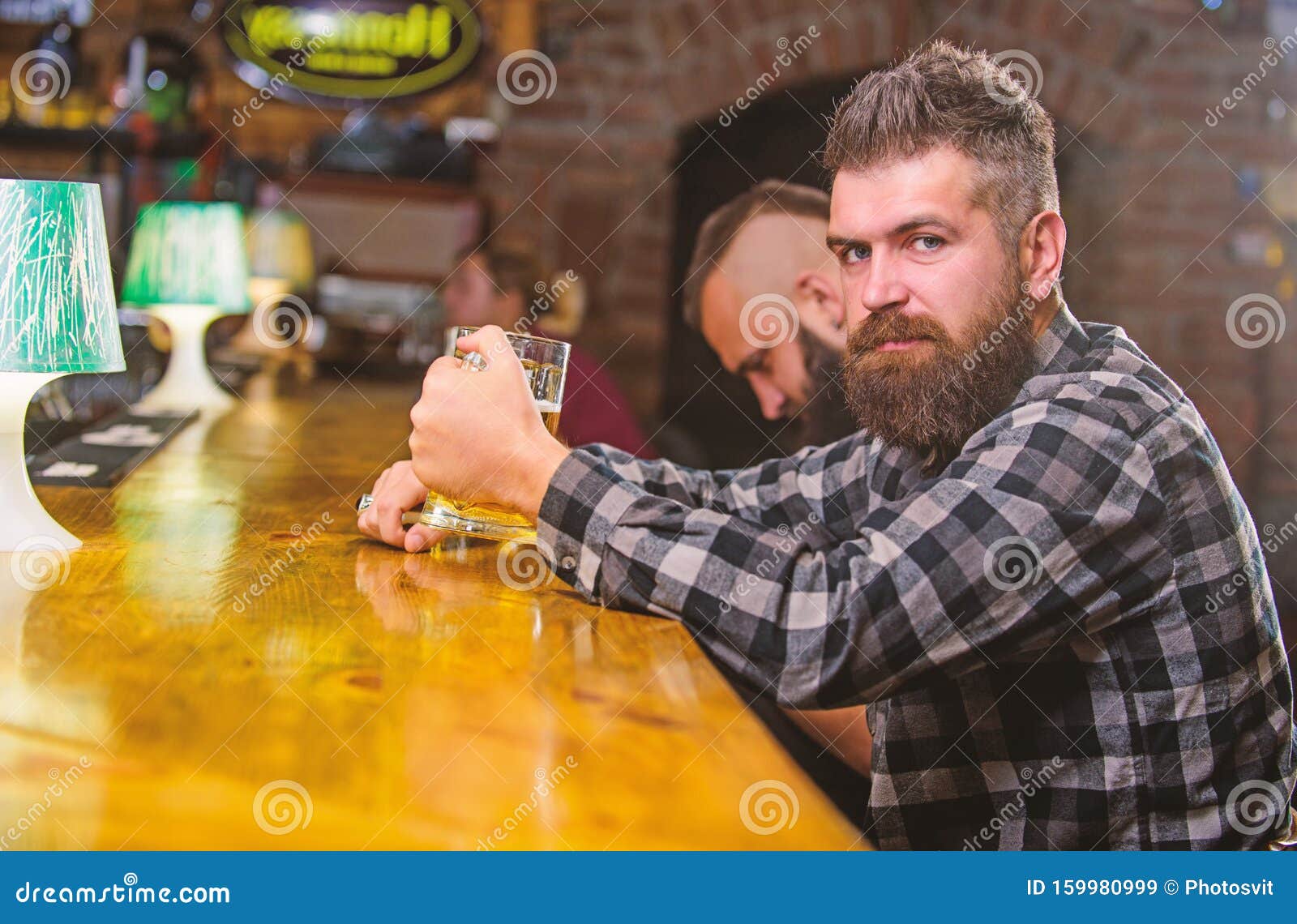 Brutal Hipster Bearded Man Sit at Bar Counter Drink Beer. Order Alcohol ...