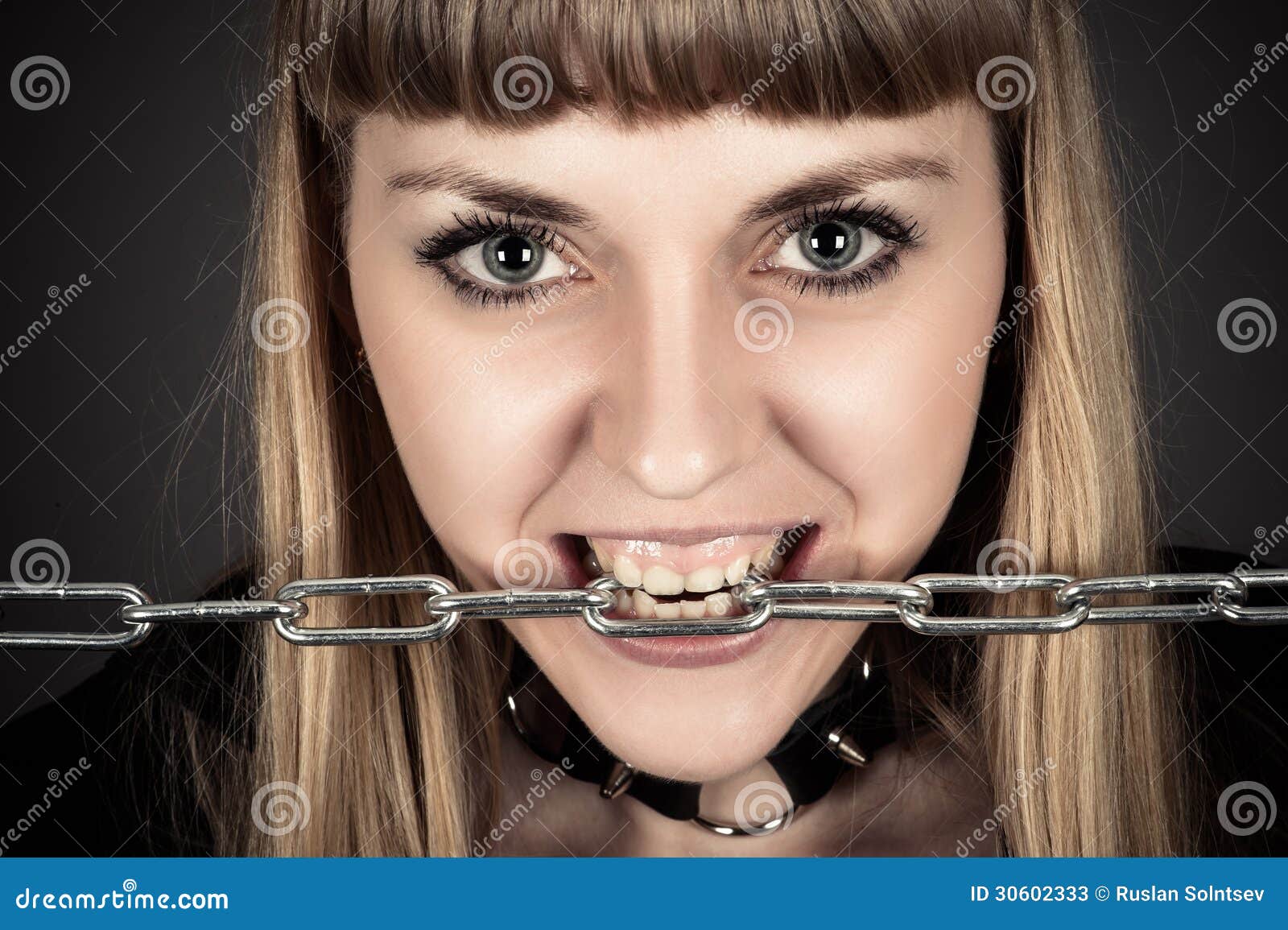 Brutal Woman with a Chain in Teeth Stock Image Image of blond, camera