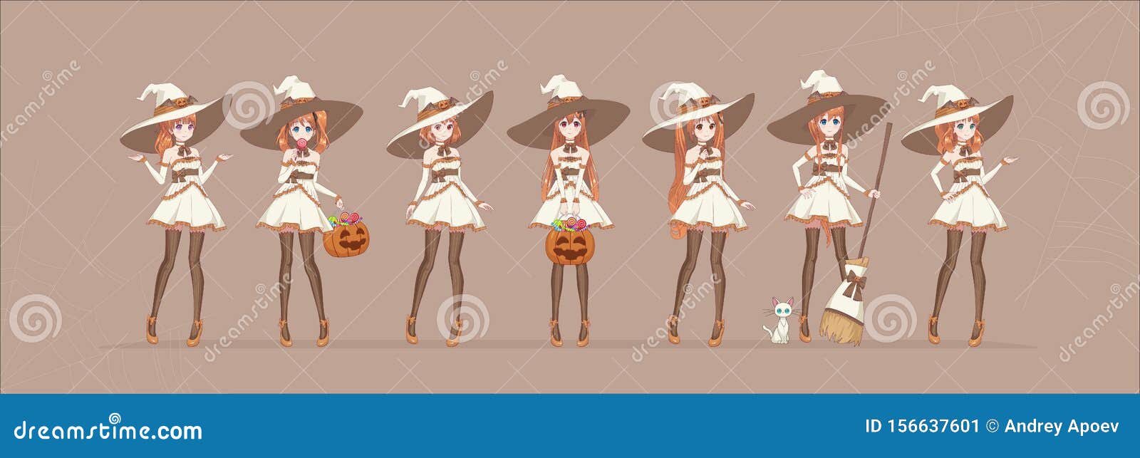 Uma bruxa de halloween estilo anime com abóboras