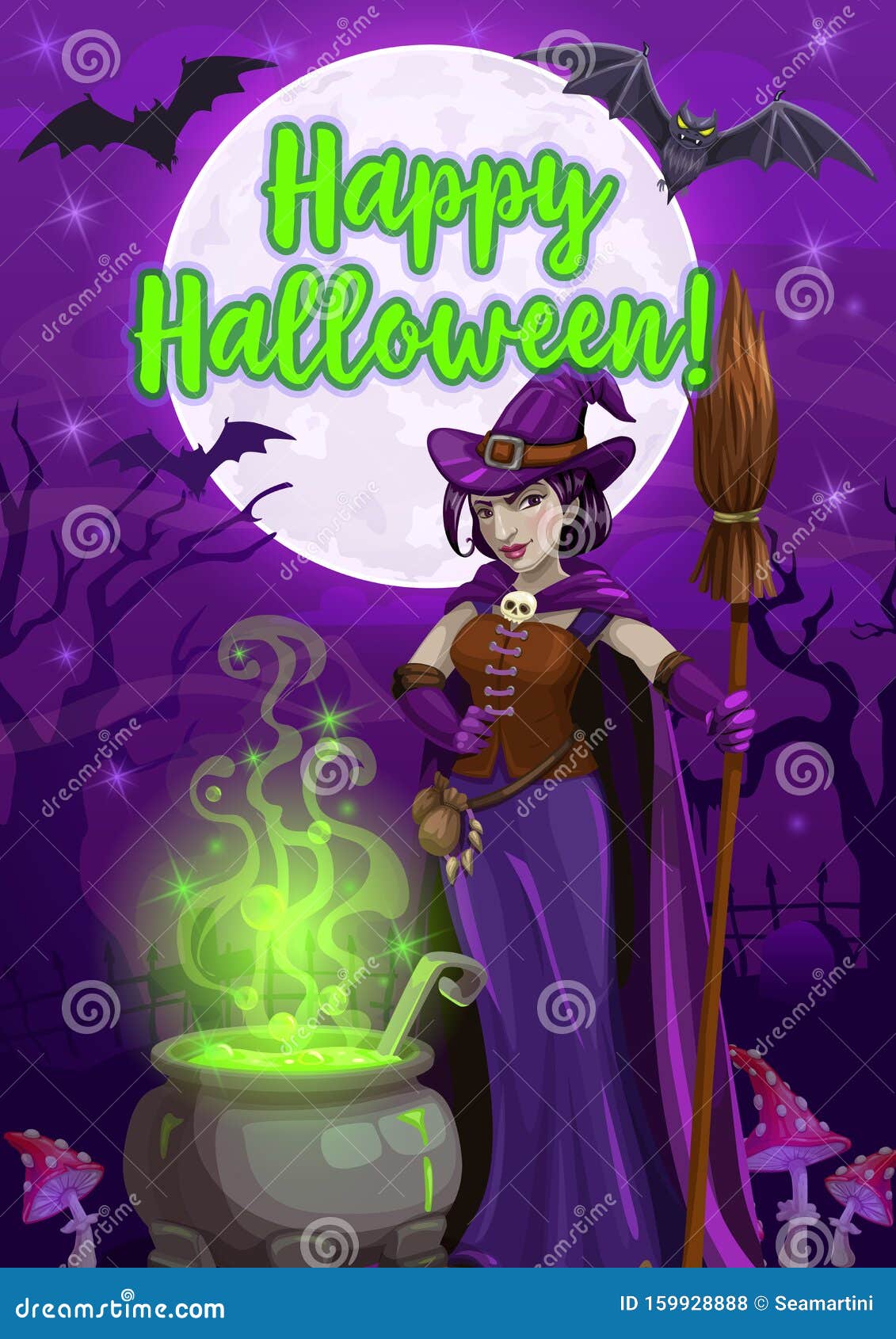 Convite Bruxas assustadoras Cauldron Hat Broom Halloween