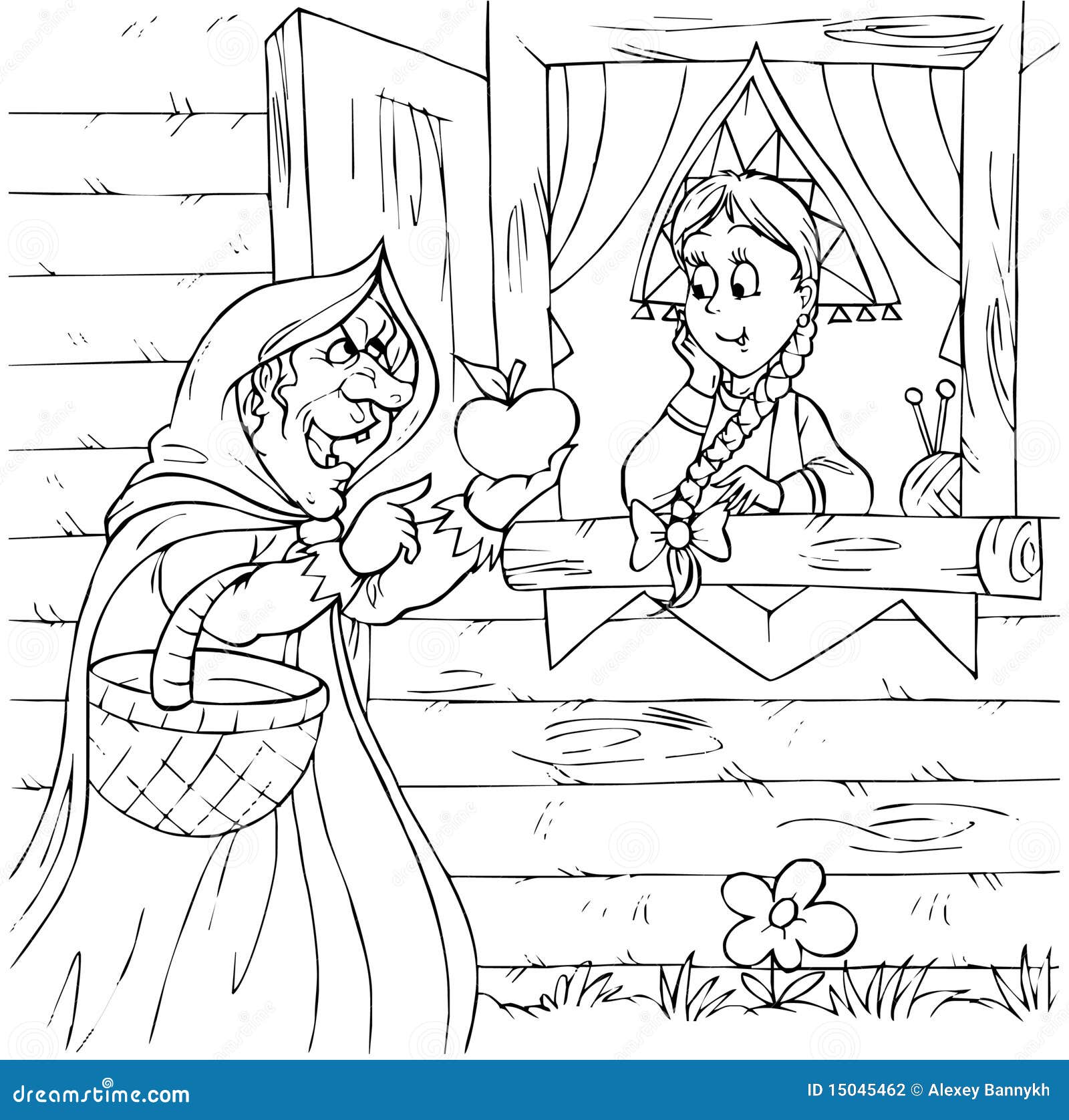 Bruxa e princesa. Ilustração preto e branco (página da coloração): bruxa idosa e princesa nova