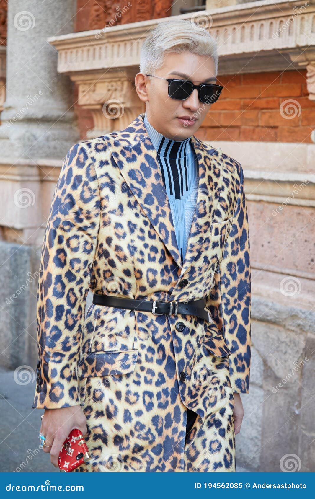 Bryanboy with Leopard Skin Design Coat and Red Louis Vuitton Phone Cover  before MSGM Fashion Show, Milan Fashion Editorial Image - Image of belt,  spotted: 194562085