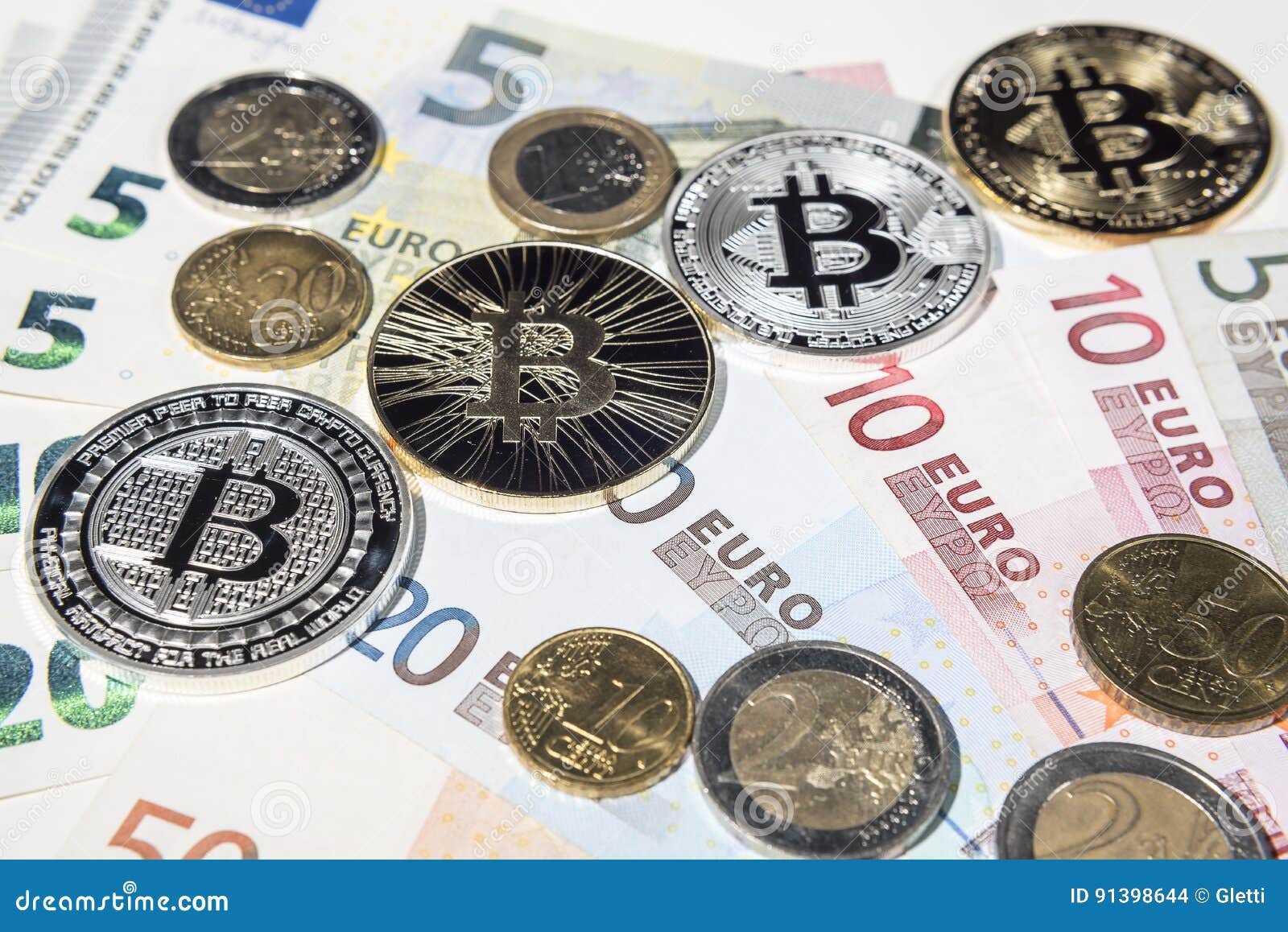 BTC Bitcoin and Euro Coins and Notes Stock Photo - Image of blockchain,  coin: 91398644