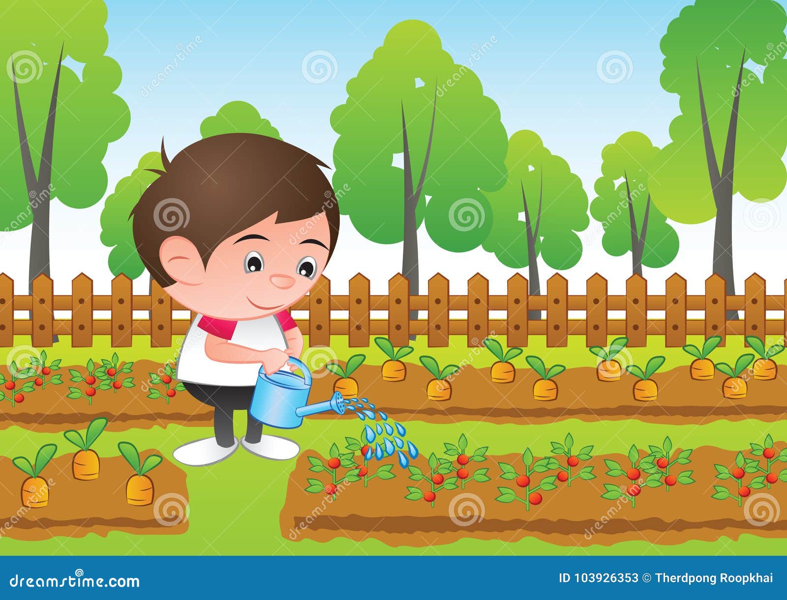 A Bubble Head Boy Cartoon Water the Plant in the Garden,surround with Fresh  and Green Nature Stock Vector - Illustration of bubble, green: 103926353