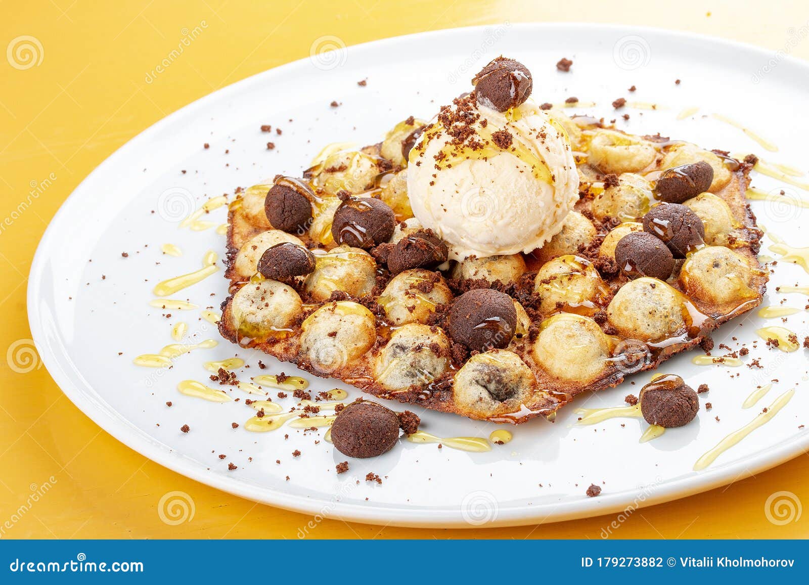 Bubble Waffles with Ice Cream and Chocolate Chip Cookies Stock Photo