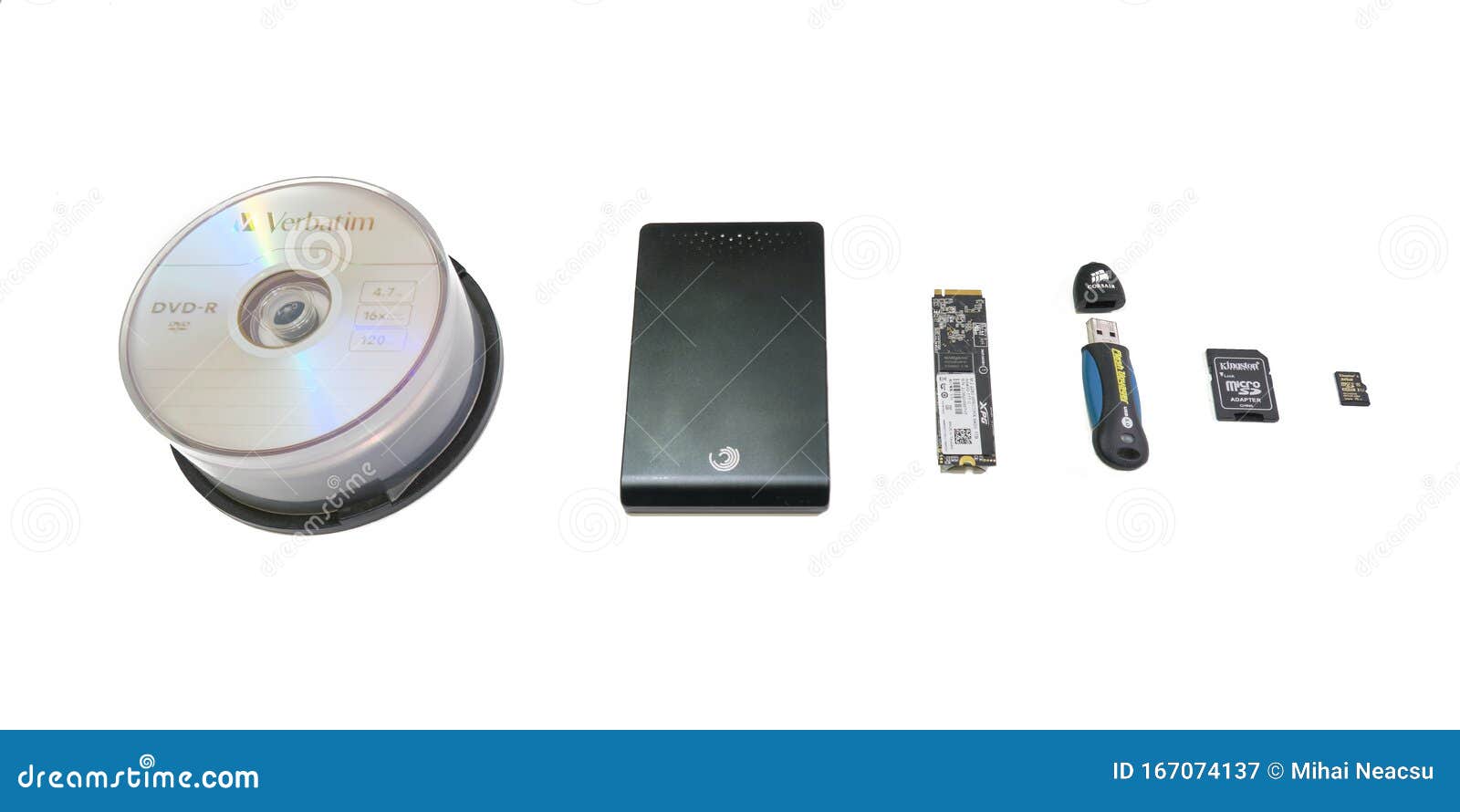 Various Storage Mediums DVD Disks, External Disk Drive, Internal SSD