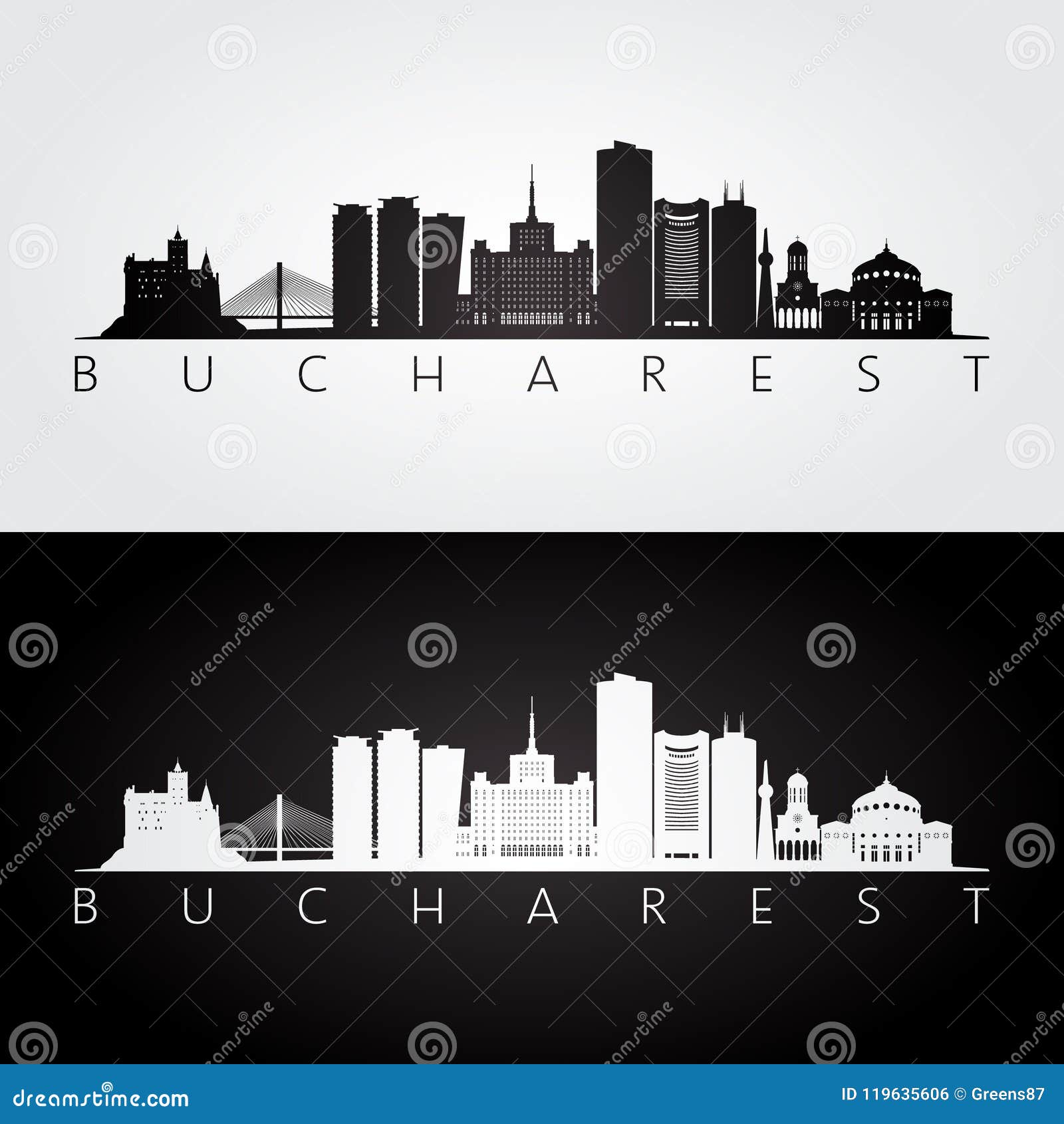 bucharest skyline and landmarks silhouette