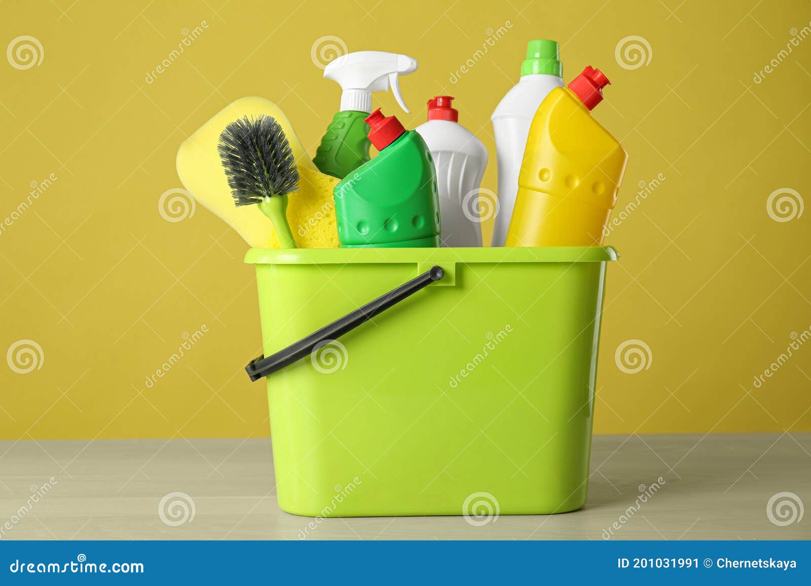 Bucket with Cleaning Products on Grey Table Stock Image Image of