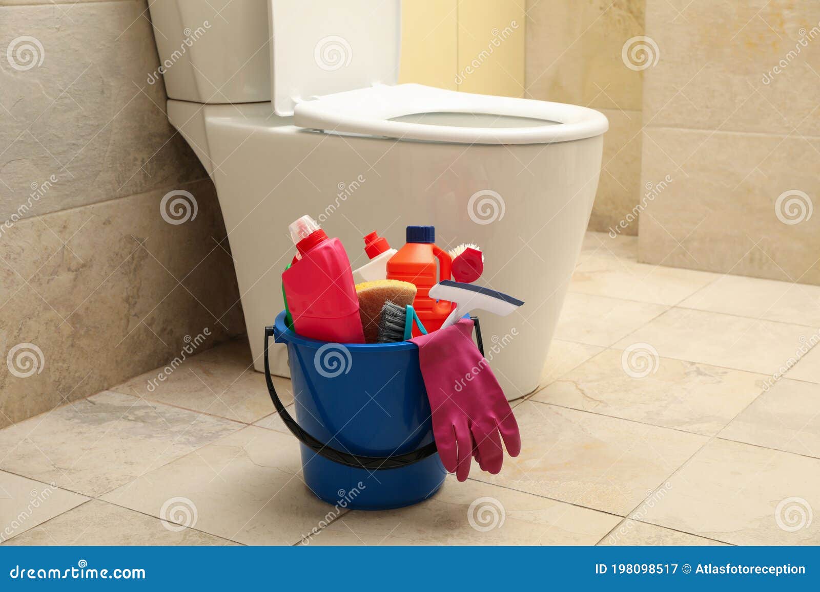 Bucket with Cleaning Products in Modern Bathroom Stock Image Image of supplies, service 198098517