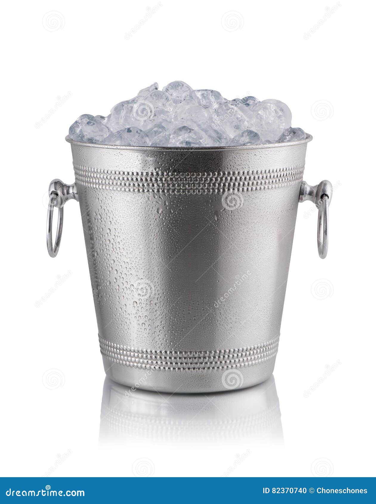 Full metal bucket with ice cubes and pieces of crushed ice isolated on  white background. Stock Photo