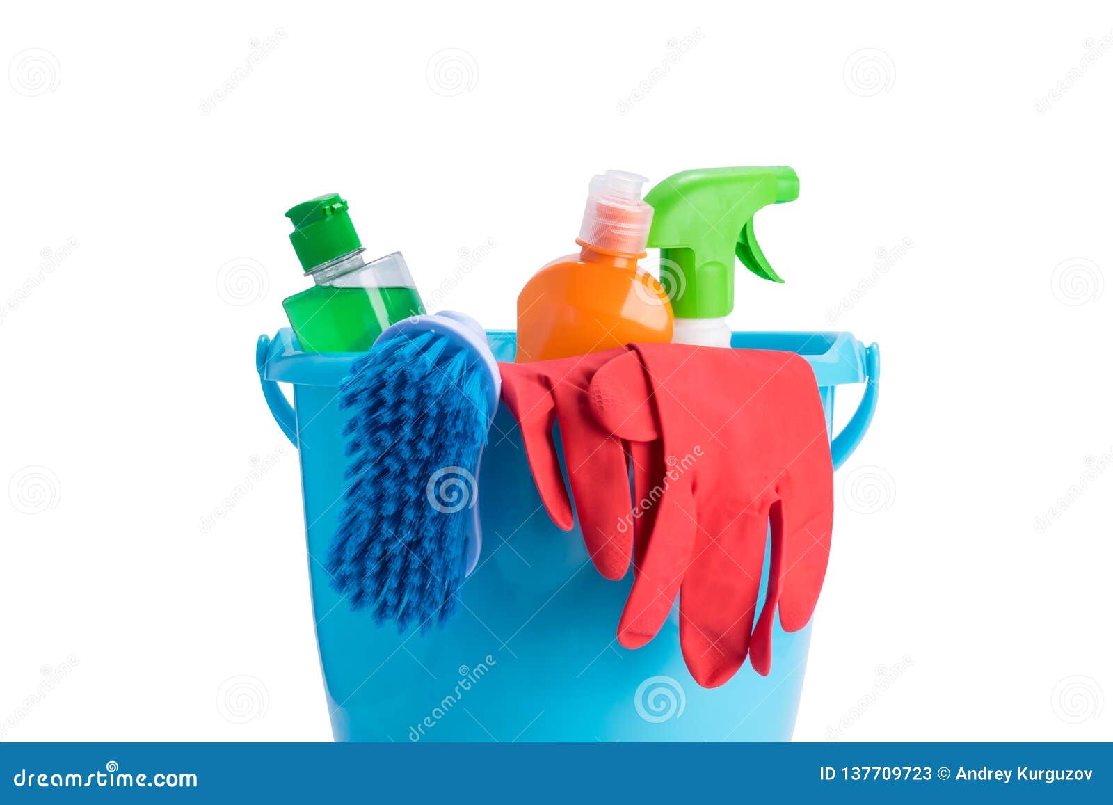 bucket with objects and cleaning products for wet cleaning, on white, closeup