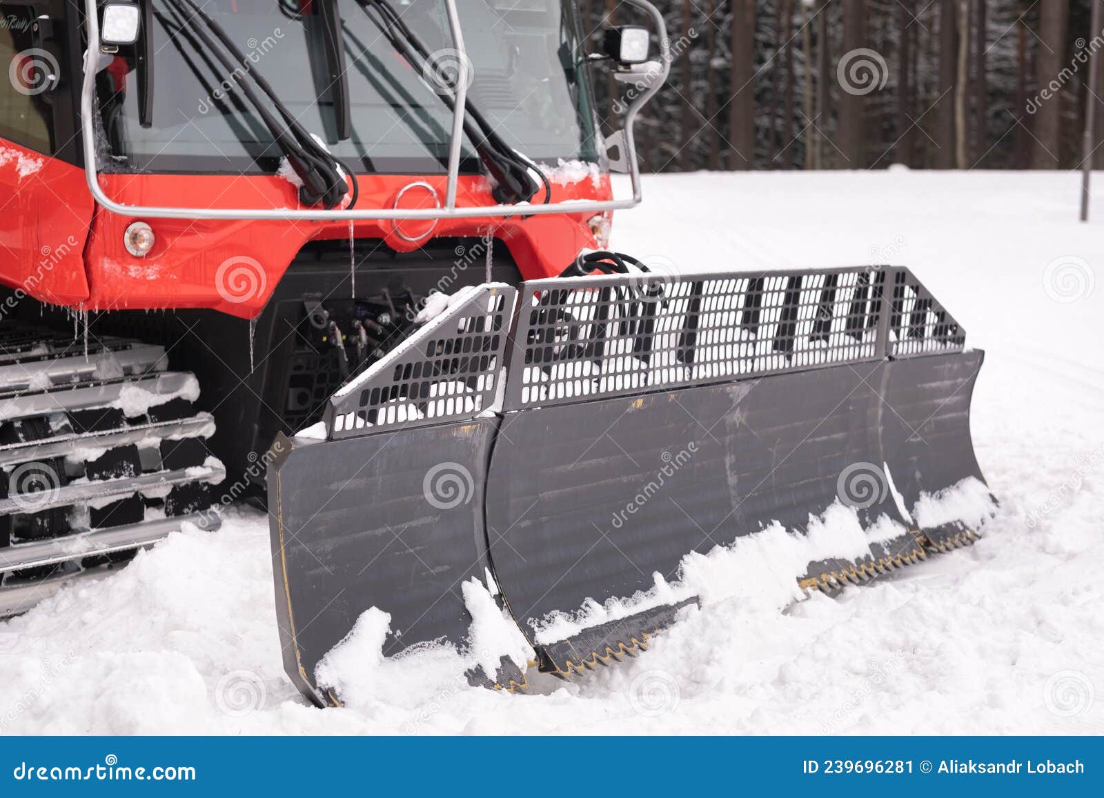 The Bucket of a Snowplow on Tracks, Standing in the Forest in Winter