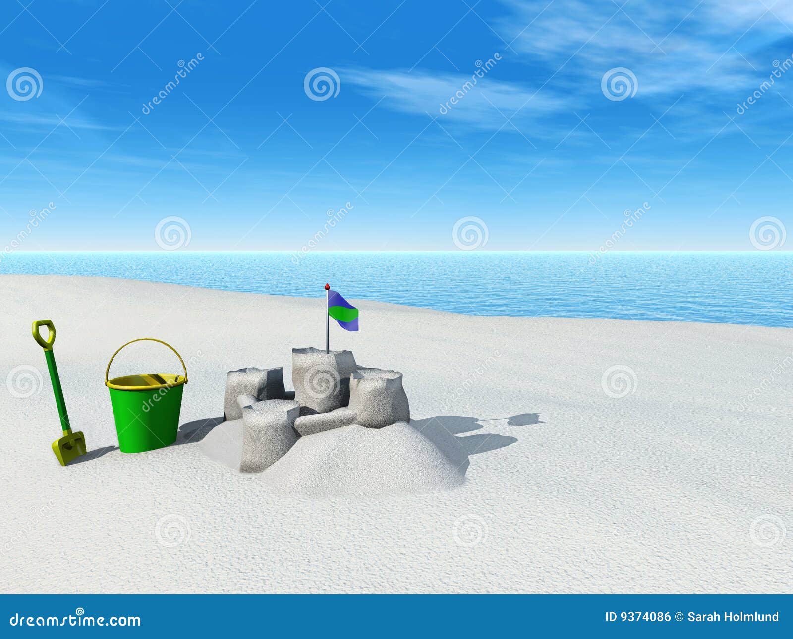 Bucket, Spade And Sand Castle On A Beach. Stock Illustration Image 9374086