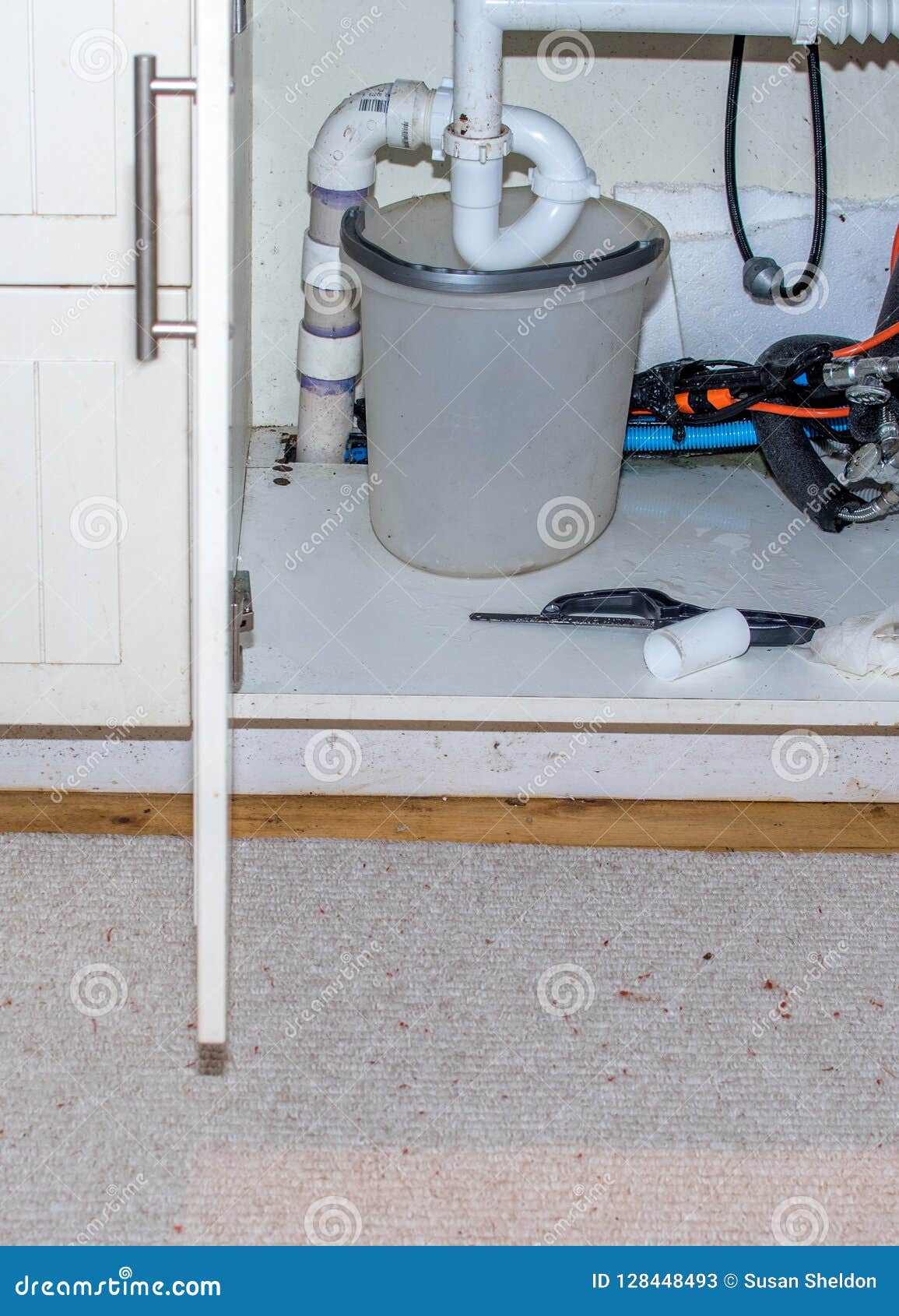 Bucket Under A Pipe Of A Leaking Sink Stock Image Image Of