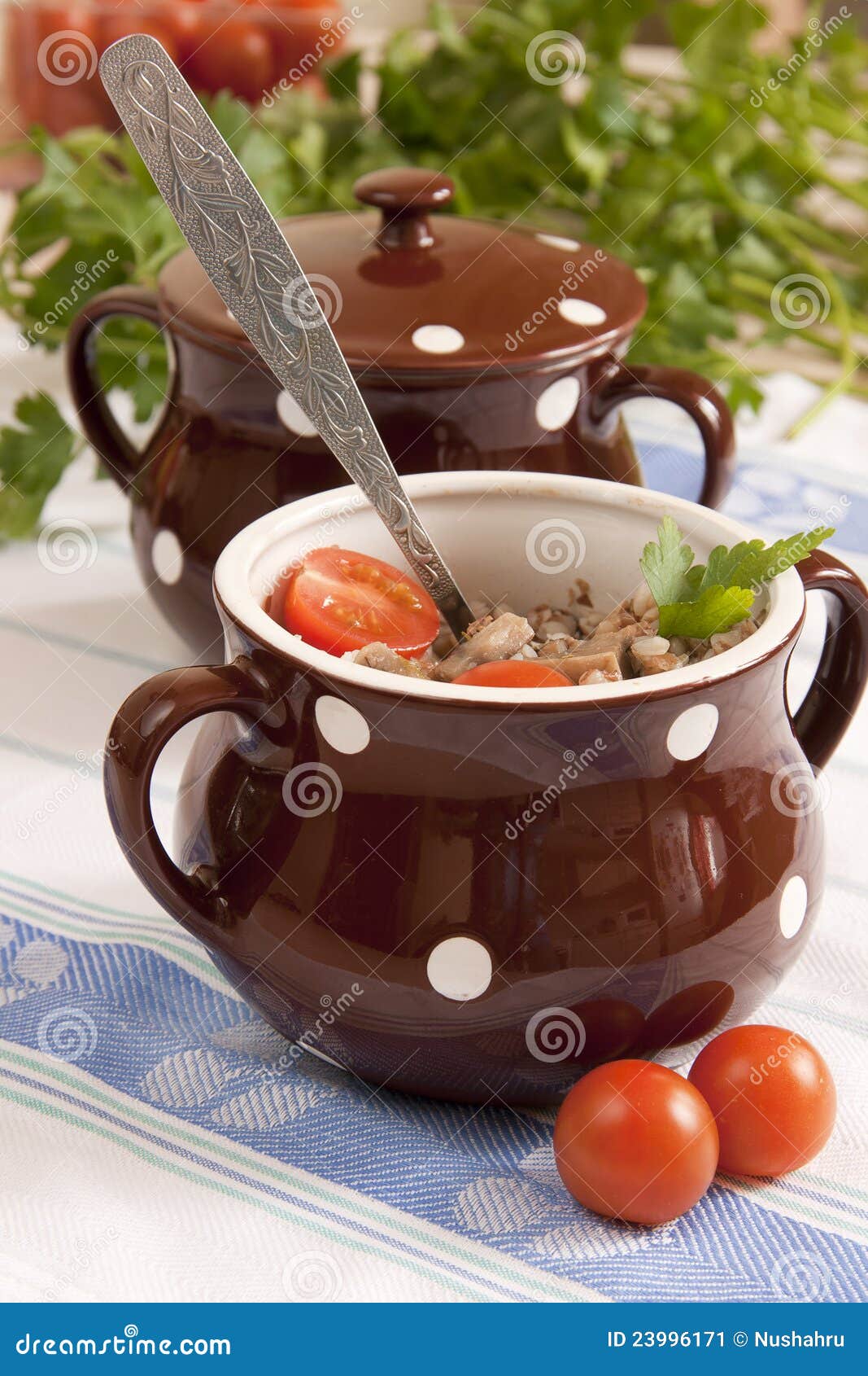 Buckwheat cereal in pots stock image. Image of parsley 23996171