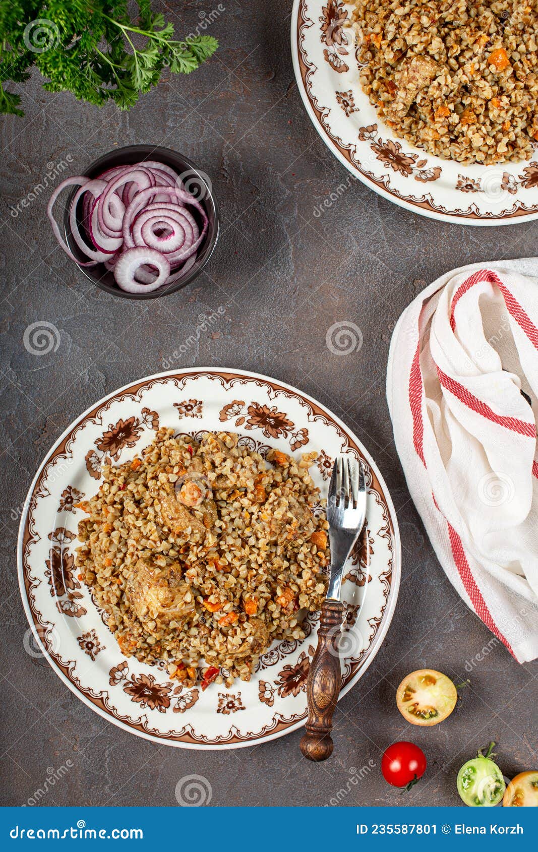 Buckwheat Porridge with Meat and Spices on the Table Stock Image