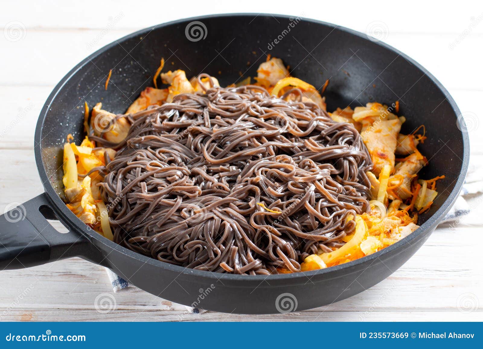 Buckwheat Soba Noodles in a Frying Pan. Preparation Japanese Dish