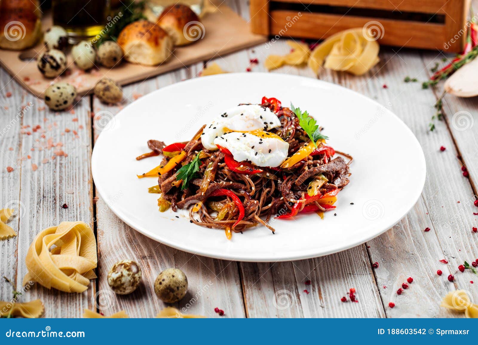 Buckwheat Soba Noodles Wok Beef and Poached Egg Stock Photo Image of