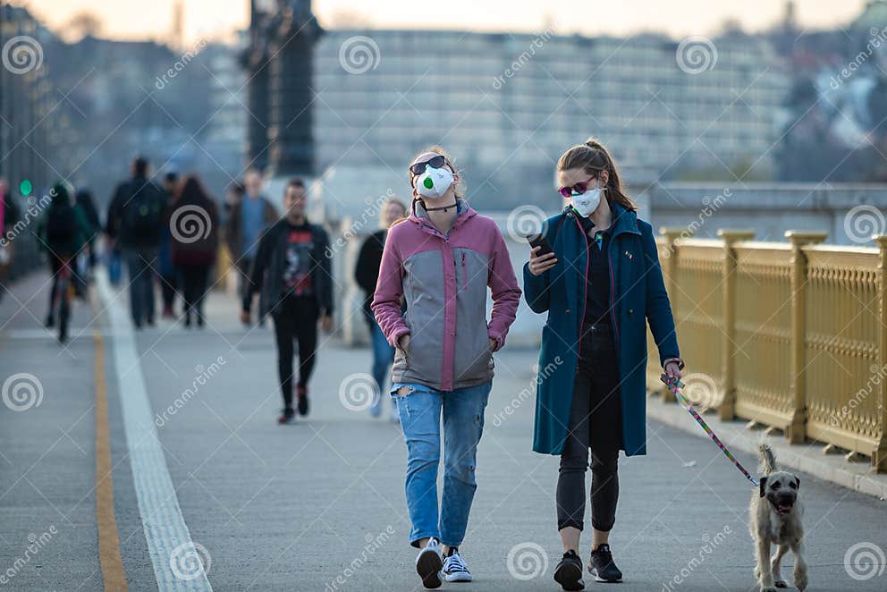 Budapes Hungary 03172020 People Wearing Face Masks During Walking 