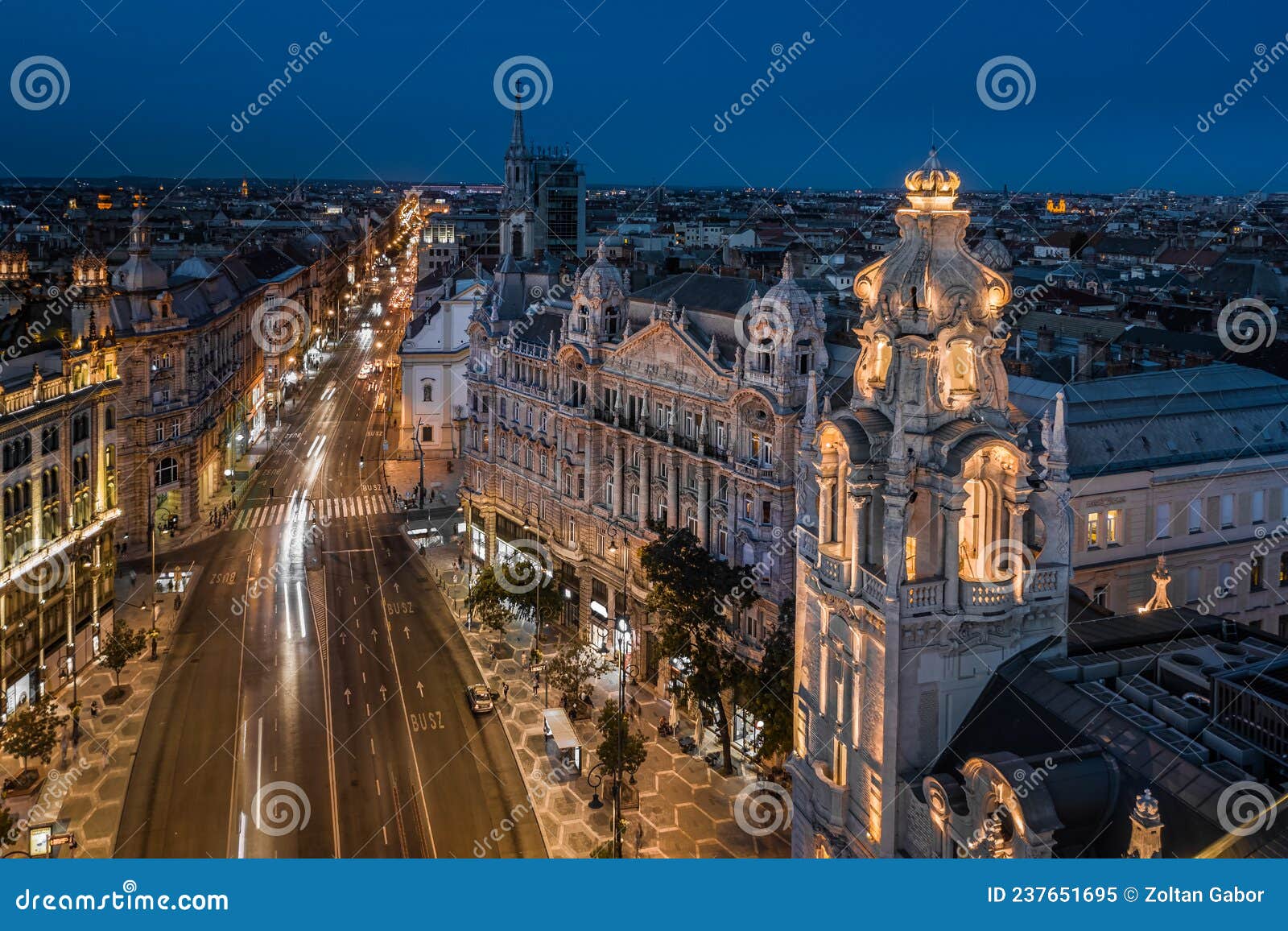 budapest, hungary - aerial view of ferenciek tere square of the franciscans at dusk with illuminated matild palace