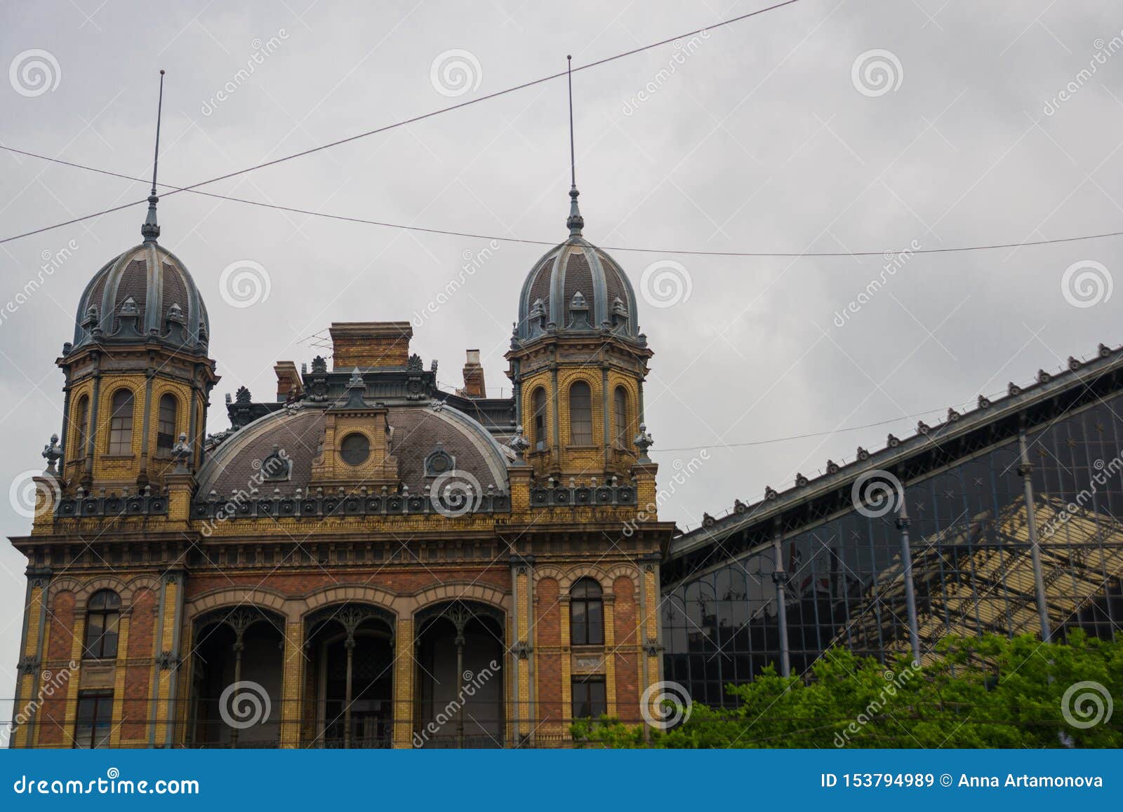 budapest, hungary: frontal view of western railway station, nyugati palyaudvar
