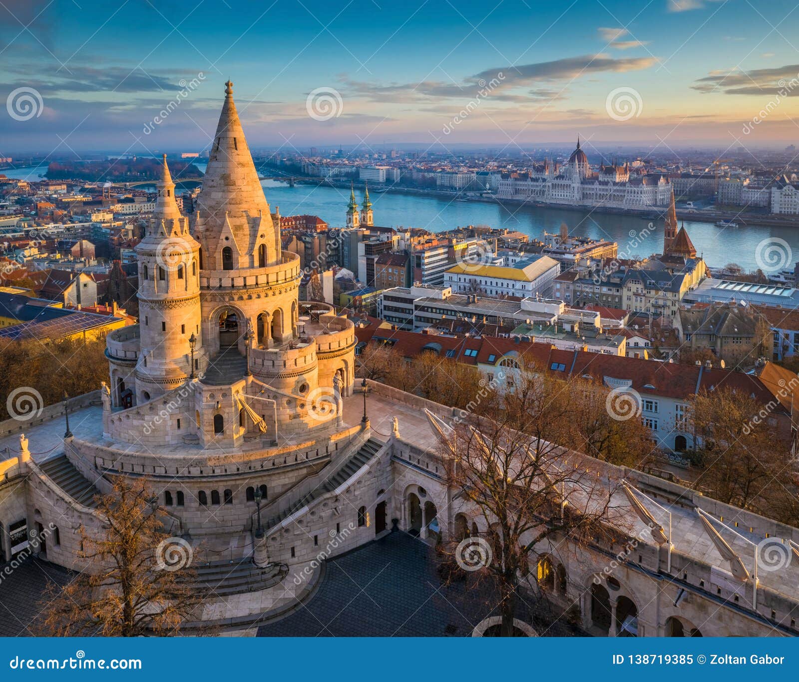 budapest, hungary - the main tower of the famous fisherman`s bastion halaszbastya from above