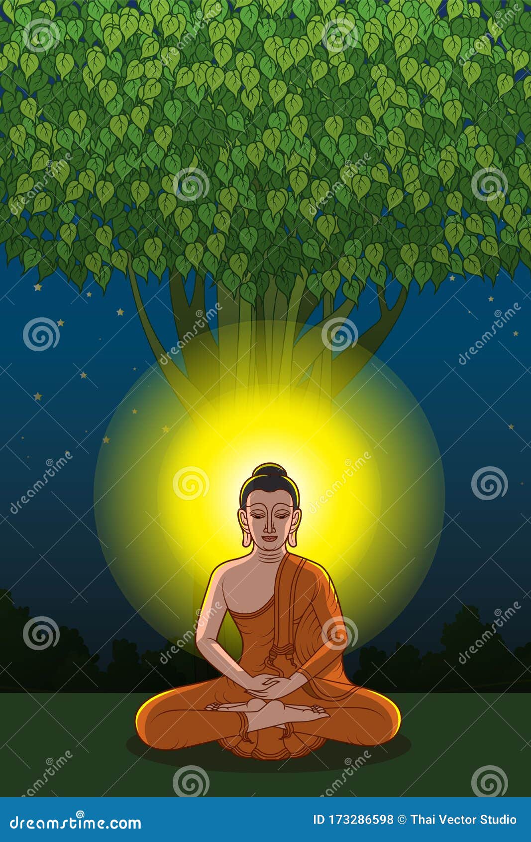 Buddha Sit on Ground Under Bodhi Tree Stock Illustration - Illustration ...