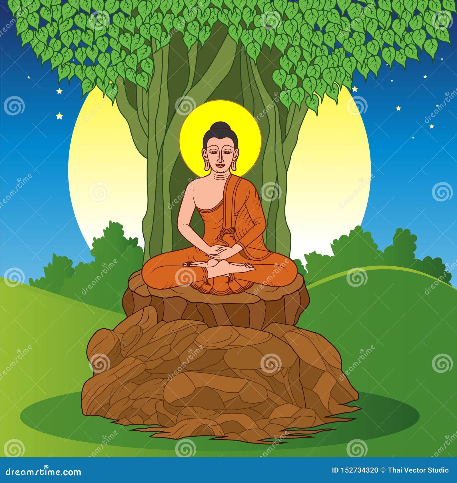 Buddha Sitting Under the Bodhi Tree Stock Vector - Illustration of ...