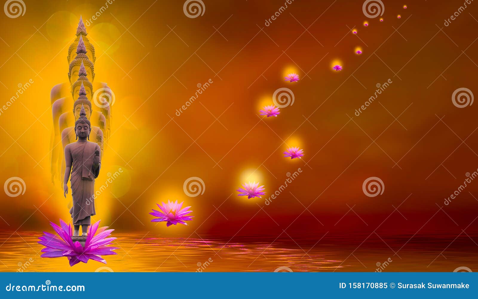 the buddha stands gracefully on a lotus flower with an orange background.about buddhism