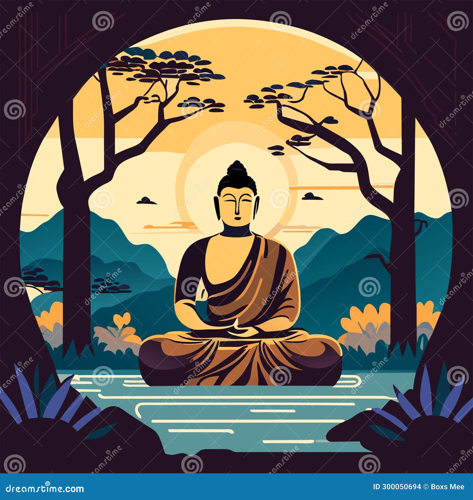 Buddha Statue in the Forest. Vector Illustration in Flat Style