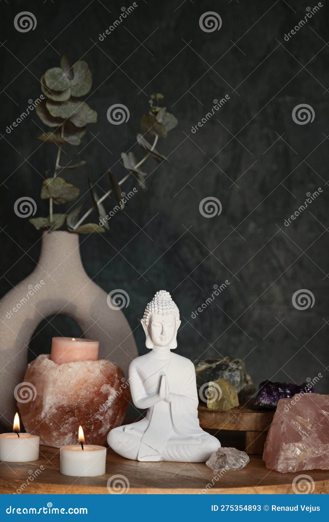 Buddha Statue, Himalayan Salt Candle Holder and Gemstones. Balance and Calm Energy Flow