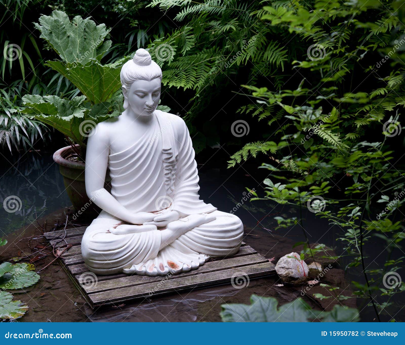 BuddhaStatue im Teich stockfoto. Bild von schwimmbad 15950782